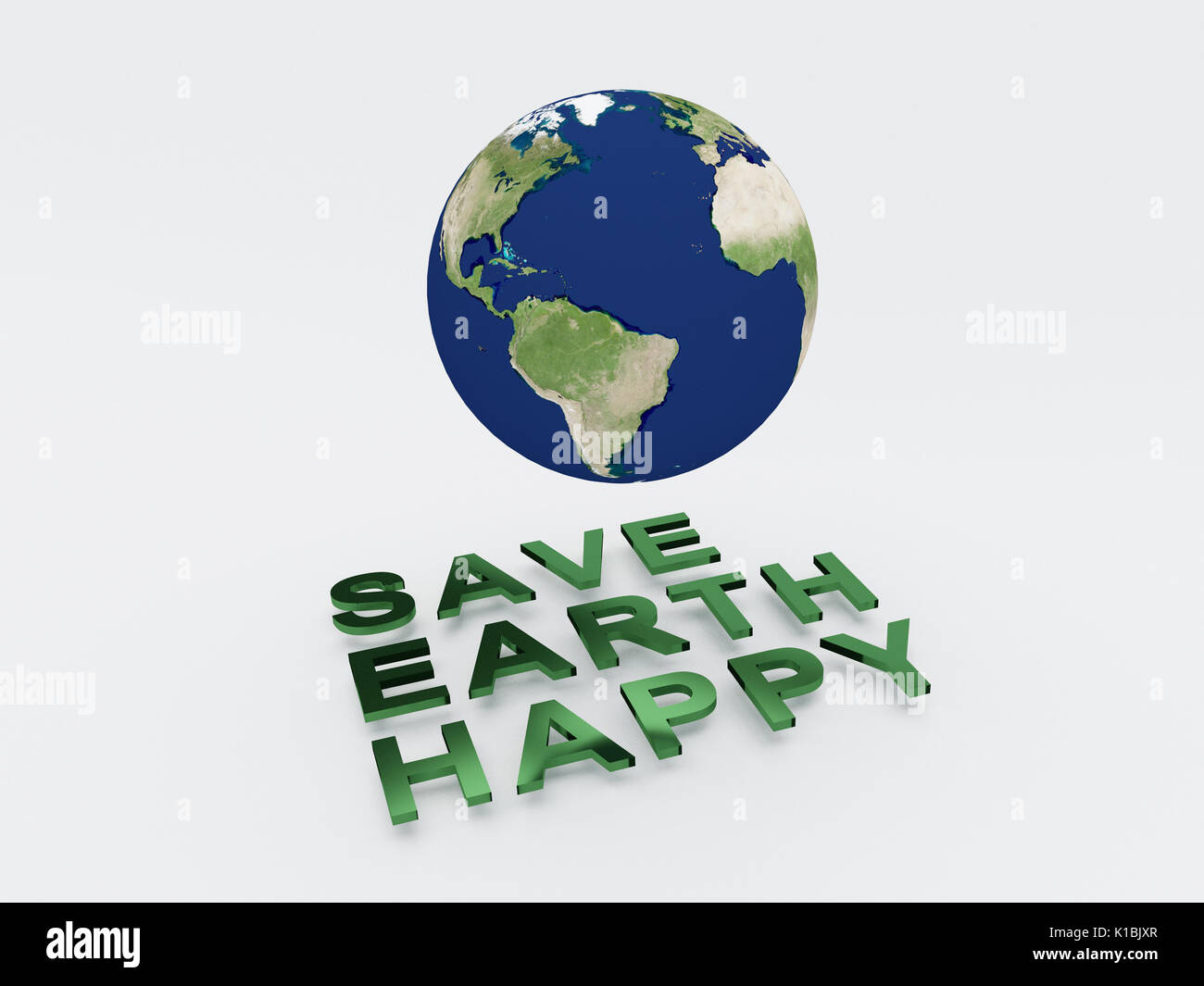 3D illustration of SAVE EARTH HAPPY script , under a 3D model of ...