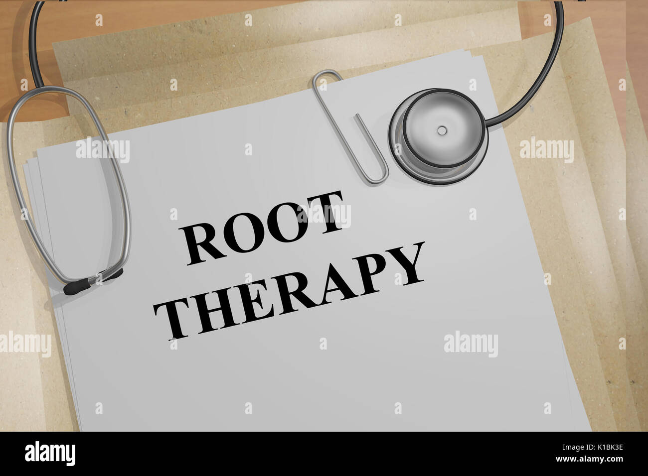 3D illustration of ROOT THERAPY title on medical documents. Medicial concept. Stock Photo