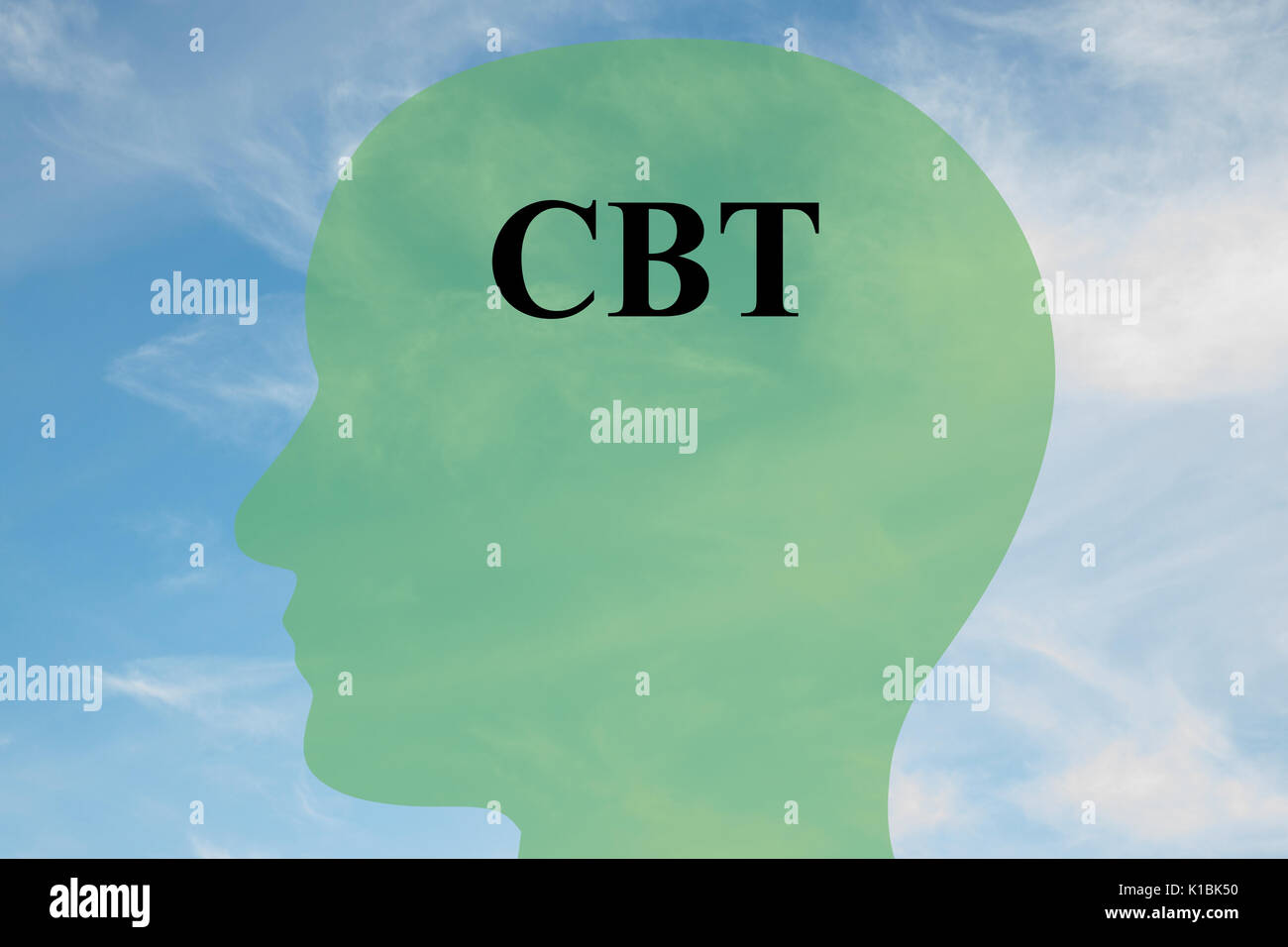 Render illustration of CBT script on head silhouette, with cloudy sky as a background. Human mentality concept. Stock Photo