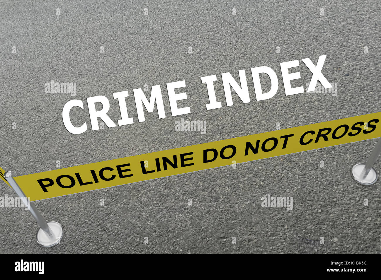 3D illustration of CRIME INDEX script on the ground in a police arena ...