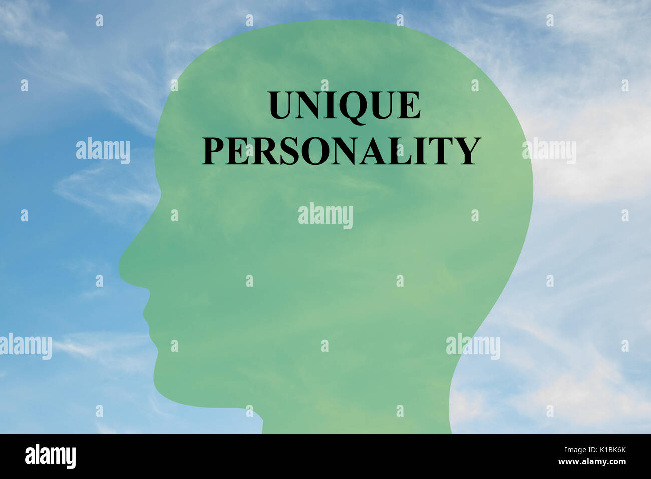 Render illustration of UNIQUE PERSONALITY title on head silhouette, with cloudy sky as a background. Human mentality concept. Stock Photo