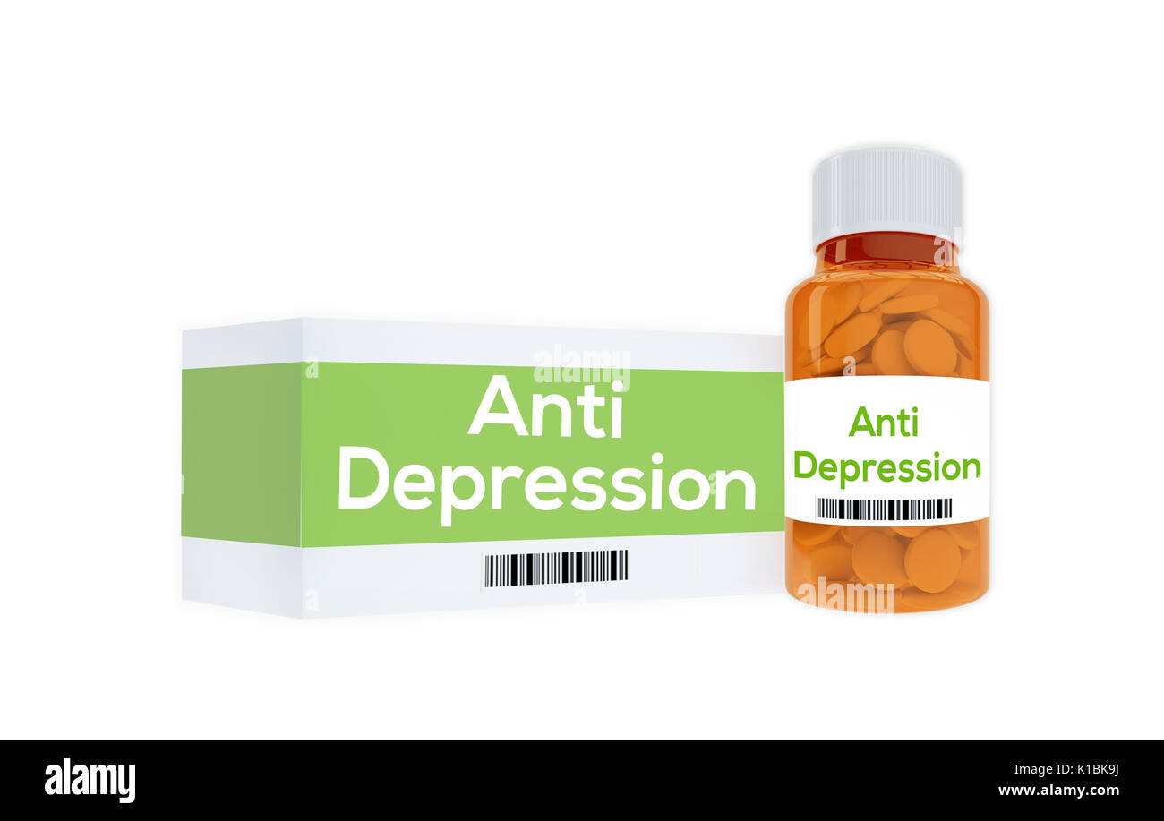 Render illustration of Anti Depression title on pill bottle, isolated
