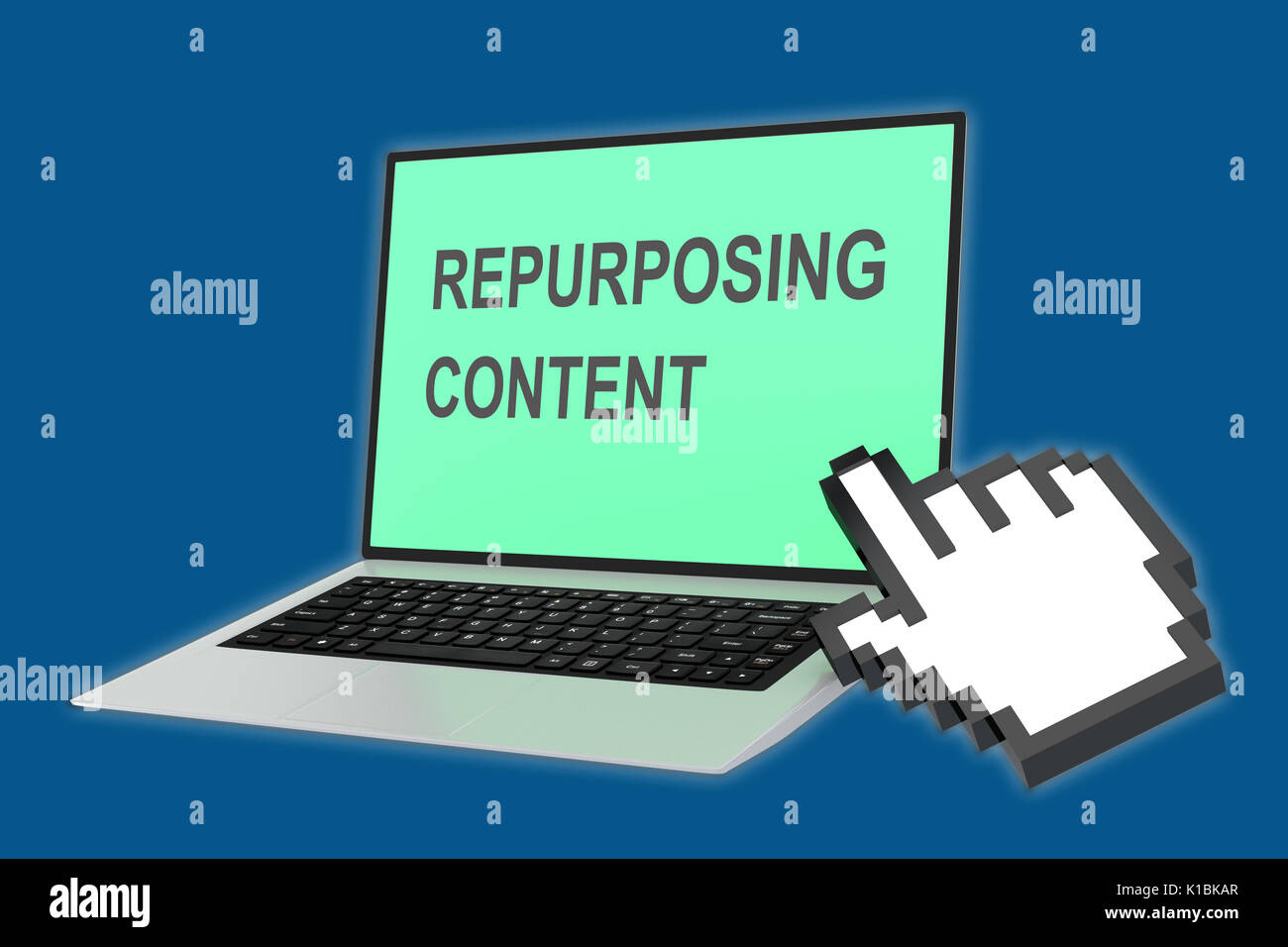 Render illustration of Repurposing Content title with pointing hand icon pointing at the laptop screen. Stock Photo
