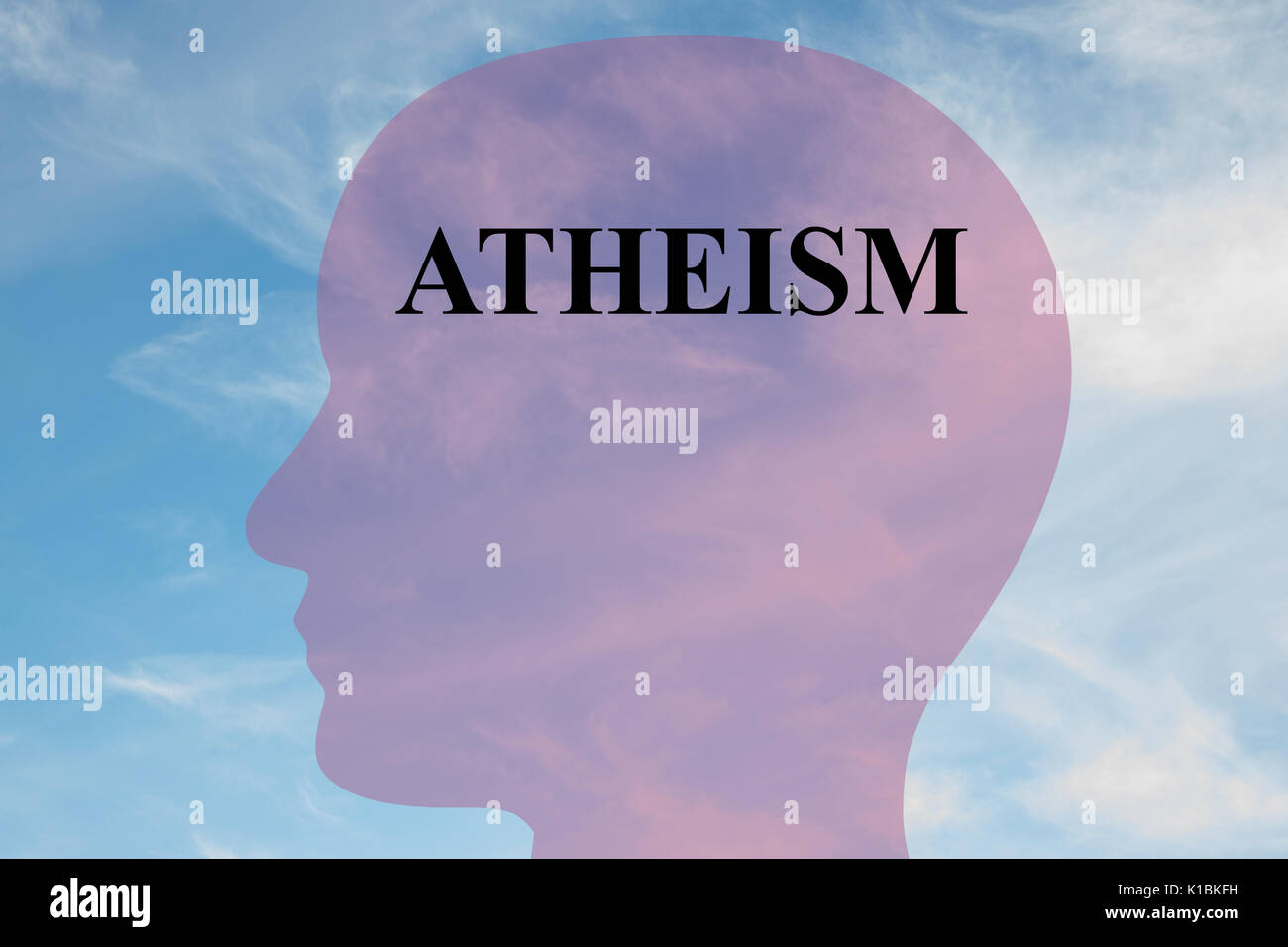 Render illustration of Atheism title on head silhouette, with cloudy sky as a background. Stock Photo