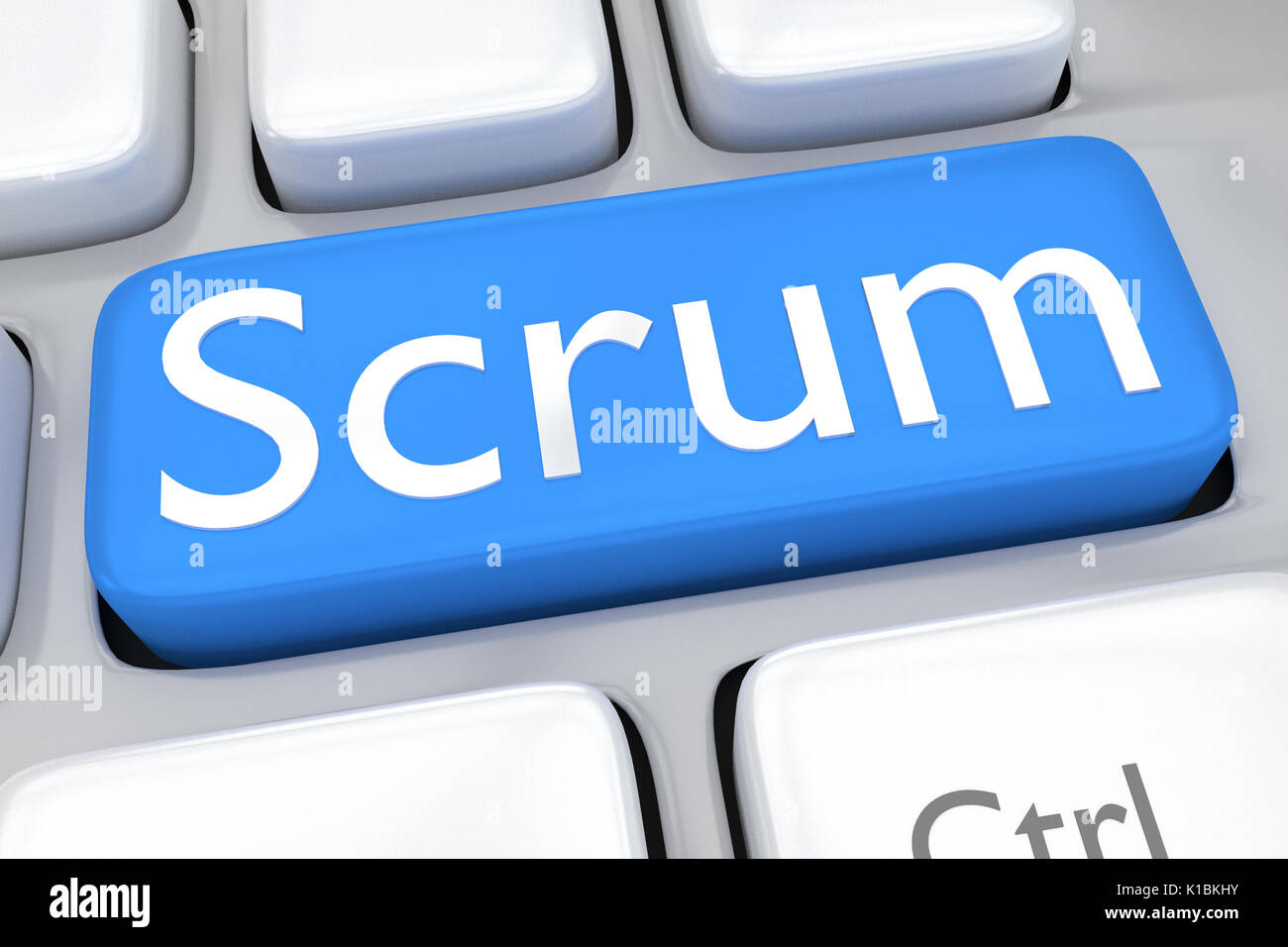 Render illustration of computer keyboard with the script Scrum on pale blue button Stock Photo