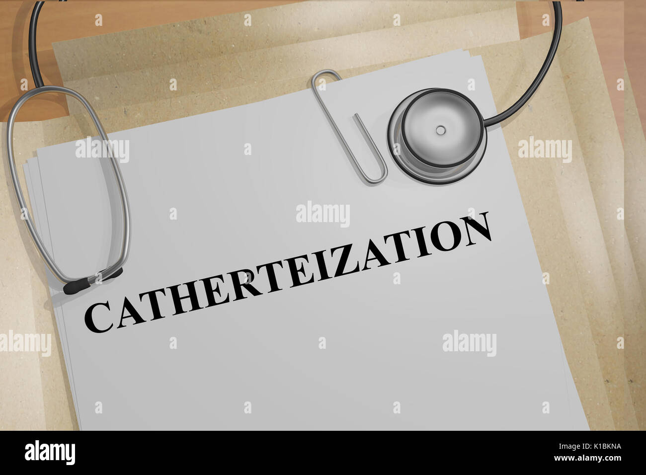 Render illustration of Catheterization title on medical documents Stock Photo