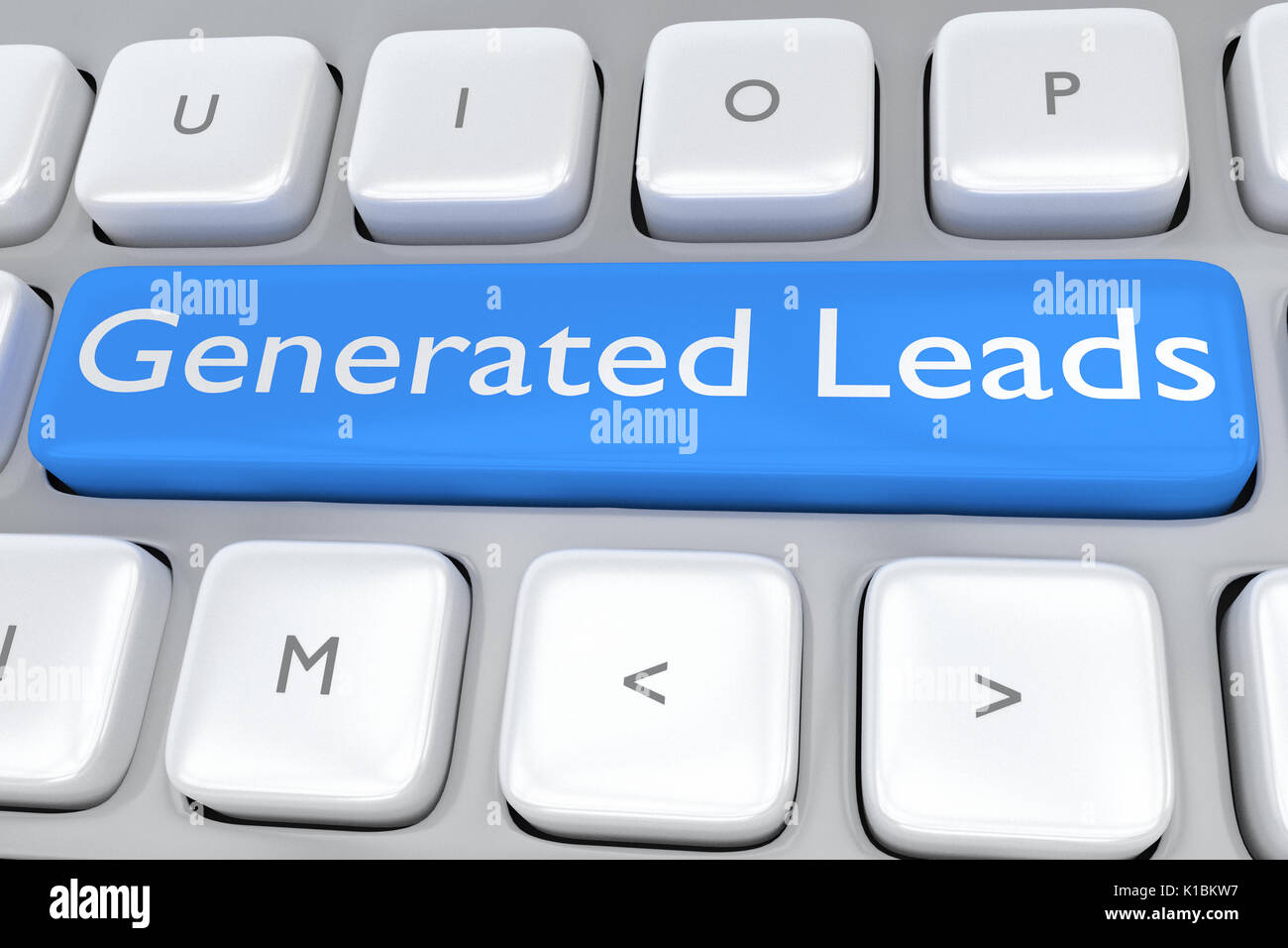 Render illustration of computer keyboard with the script Generated Leads on pale blue button Stock Photo