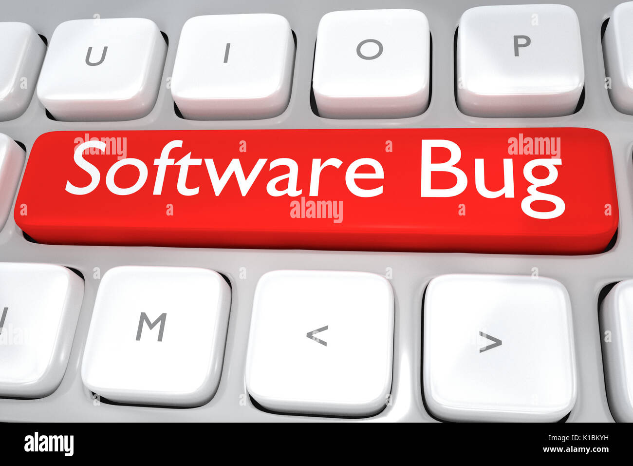 Render illustration of computer keyboard with the print Software Bug on a red button Stock Photo