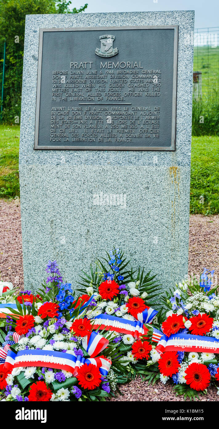 Hiesville, Normandy, France -  Memorial to Brigadier General Don Forester Pratt, Assistant Divisional Commander of 101st American Airborne Division killed on D Day Stock Photo