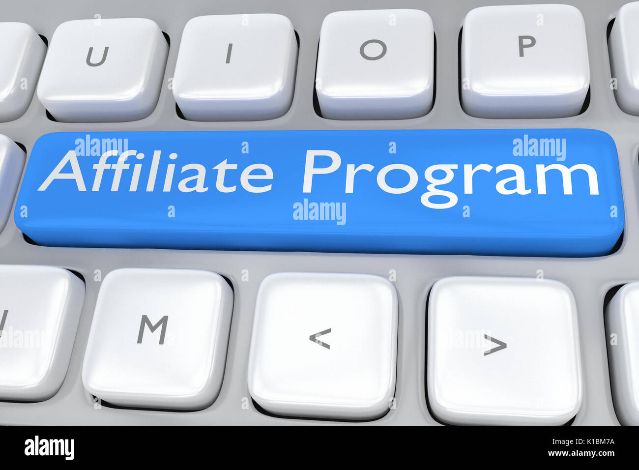 Render illustration of computer keyboard with the script Affiliate Program on pale blue button Stock Photo