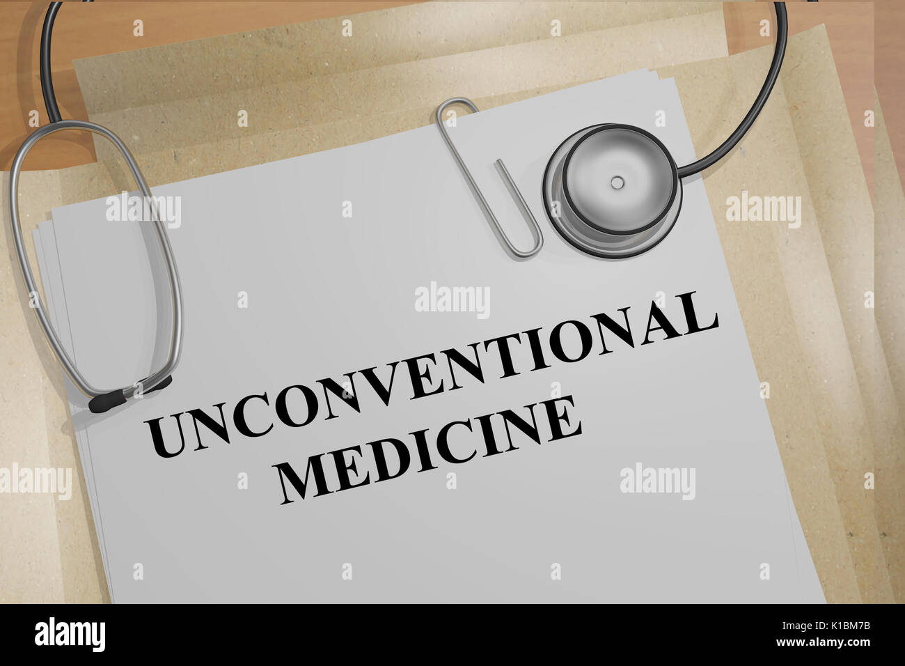 Render illustration of Unconventional Medicine title on Medical Documents Stock Photo