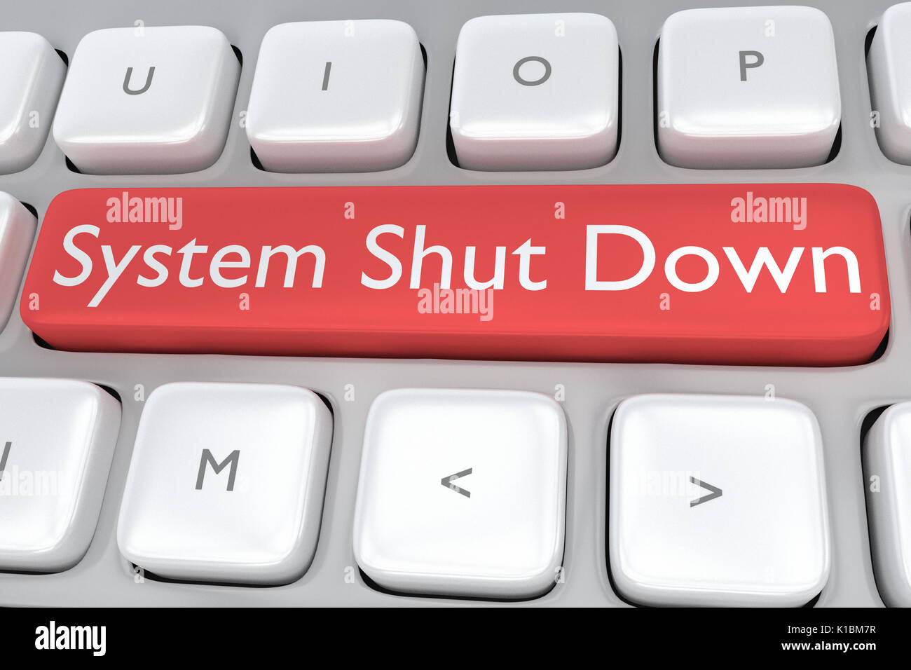 Render illustration of computer keyboard with the print System Shut Down on a red button Stock