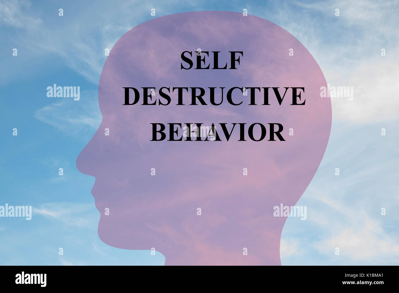 Render illustration of Self Destructive Behavior title on head silhouette, with cloudy sky as a background. Stock Photo