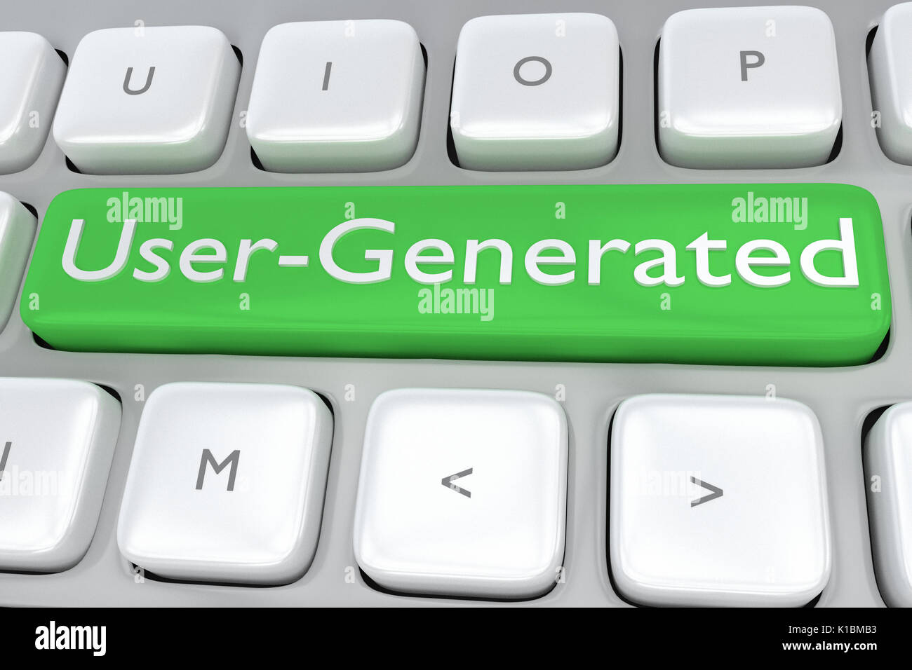 Render illustration of computer keyboard with the print User-Generated Content on a green button Stock Photo