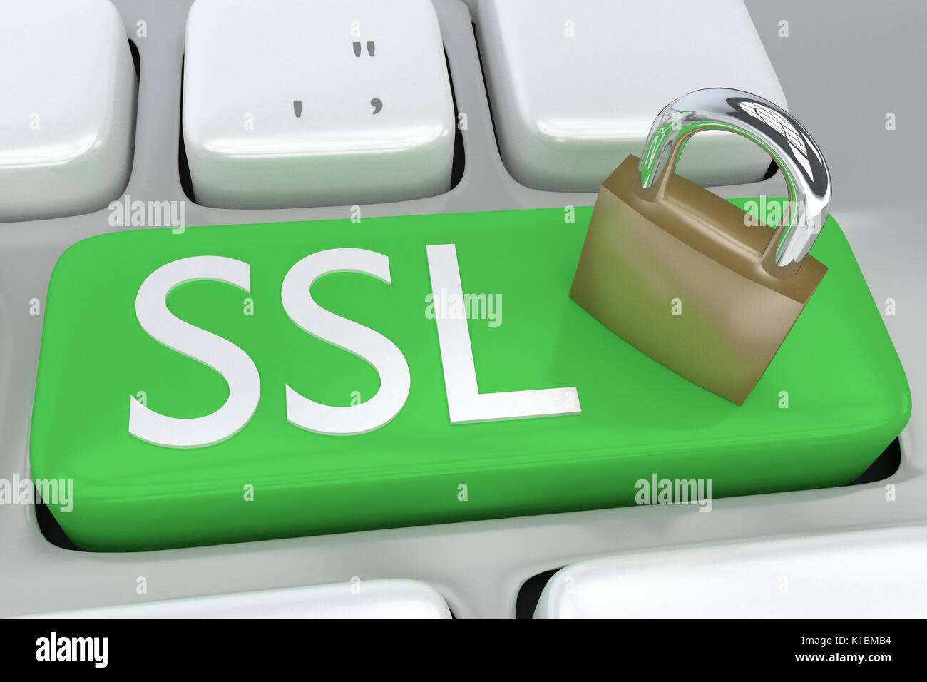 Render illustration of computer keyboard with the print SSL (Secure Sockets Layer) on a green button, and a lock on that button. Stock Photo