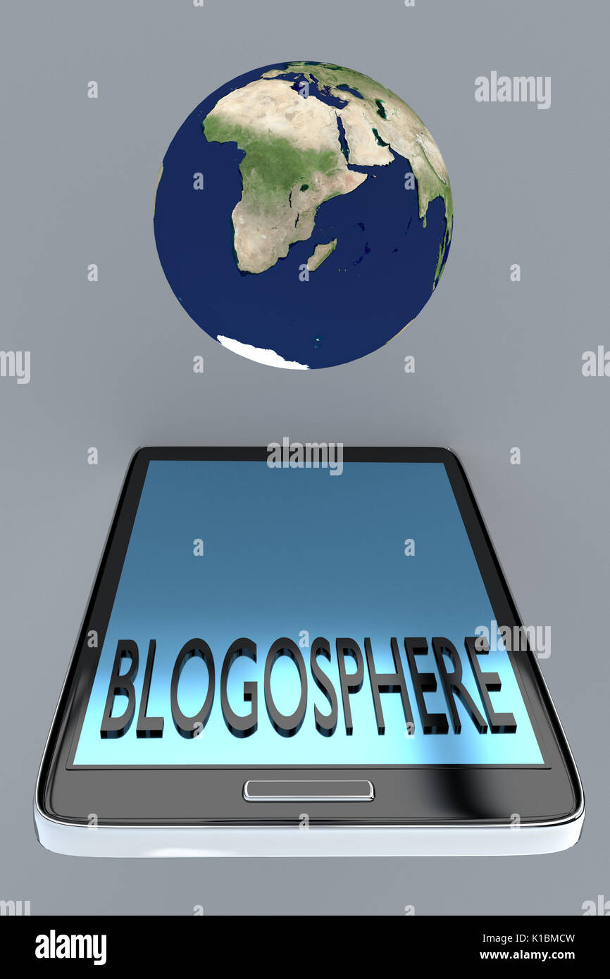 Render illustration of Blogosphere title on cellular screen, with the earth above the cellular. Stock Photo