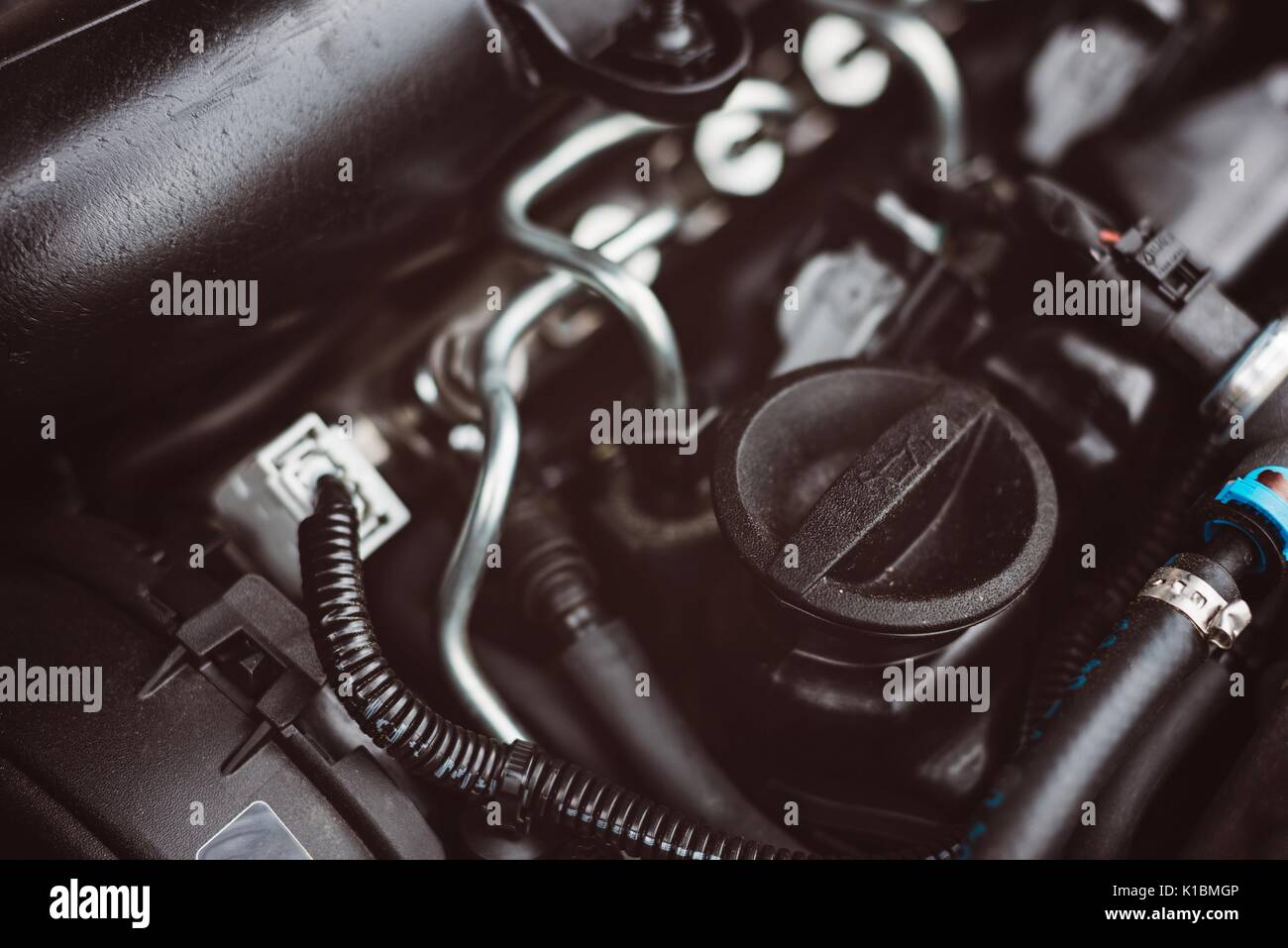 Modern turbocharged diesel engine oil cap. Car maintenance Stock Photo