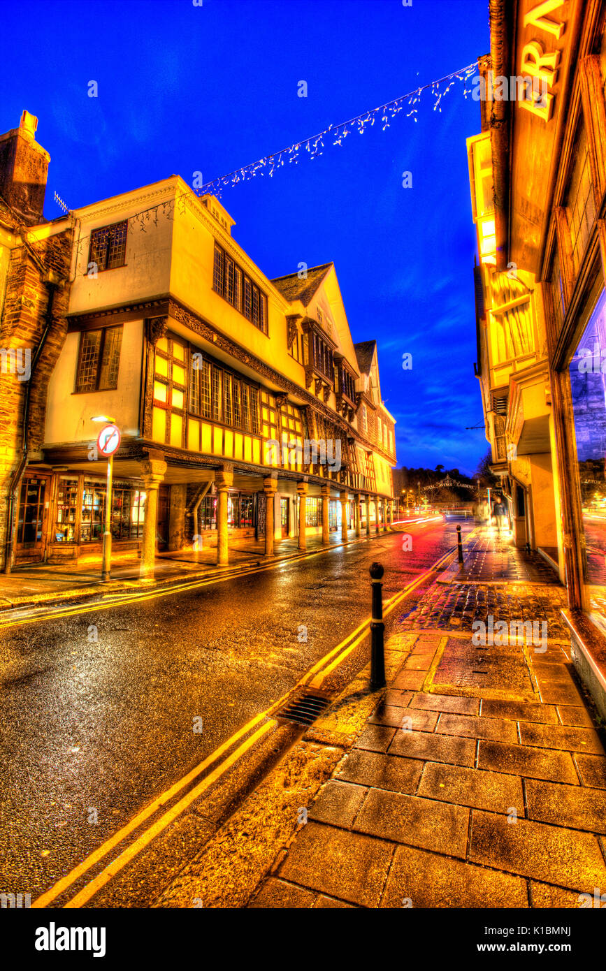 Town of Dartmouth, England. The Grade I listed 17th century Butterwalk in Dartmouth’s Duke Street. Stock Photo