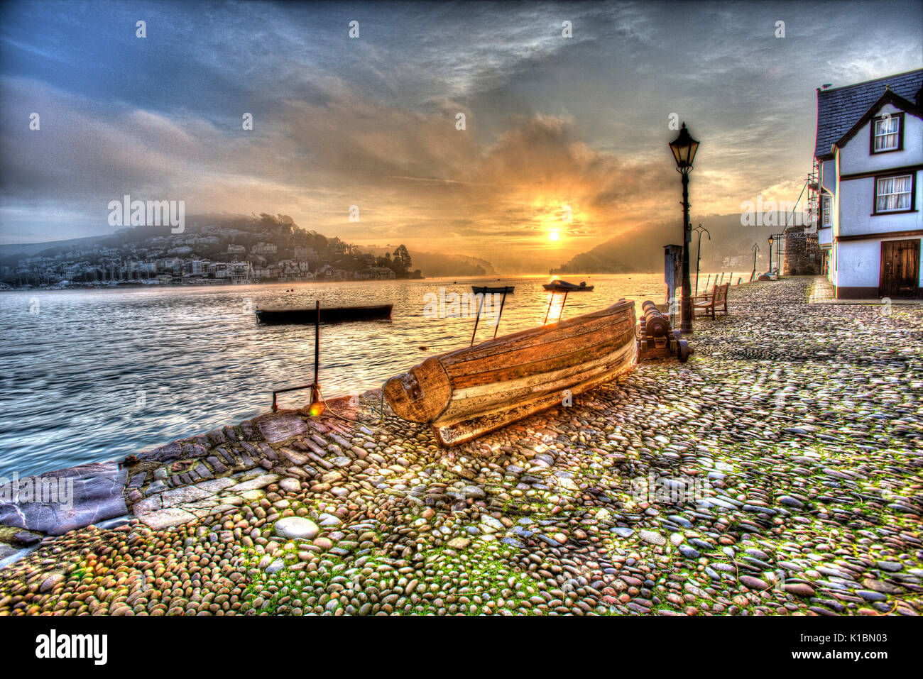 Town of Dartmouth, England. Picturesque morning view of Dartmouth’s historic Bayard’s Cove. Stock Photo