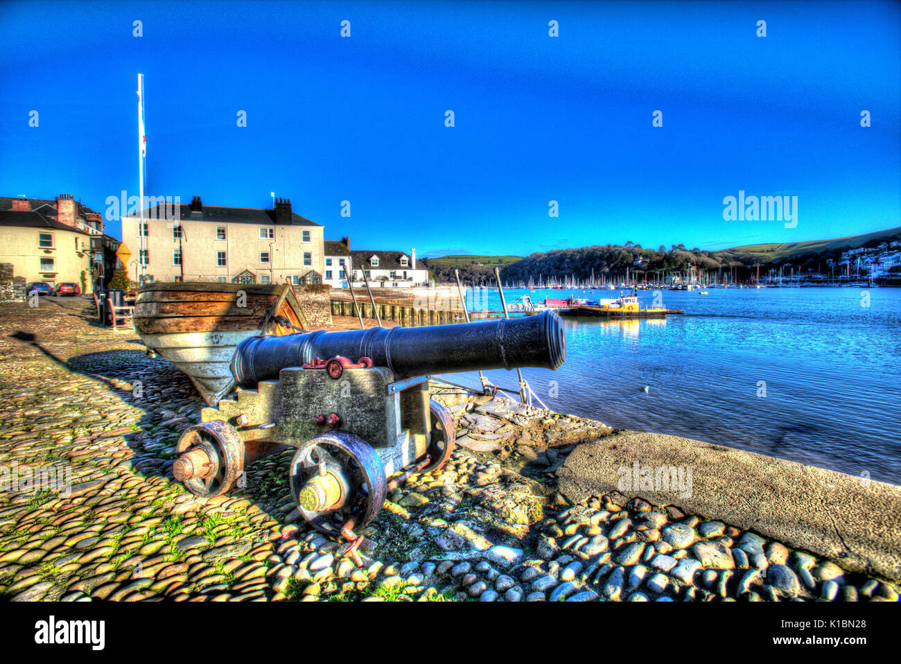Town of Dartmouth, England. Picturesque view of Dartmouth’s River Dart viewed from Bayard’s Cove. Stock Photo