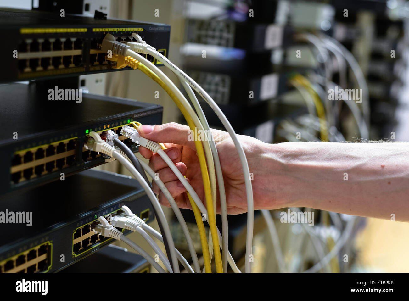 Hand with rj45 cable and network equipment on background Stock Photo