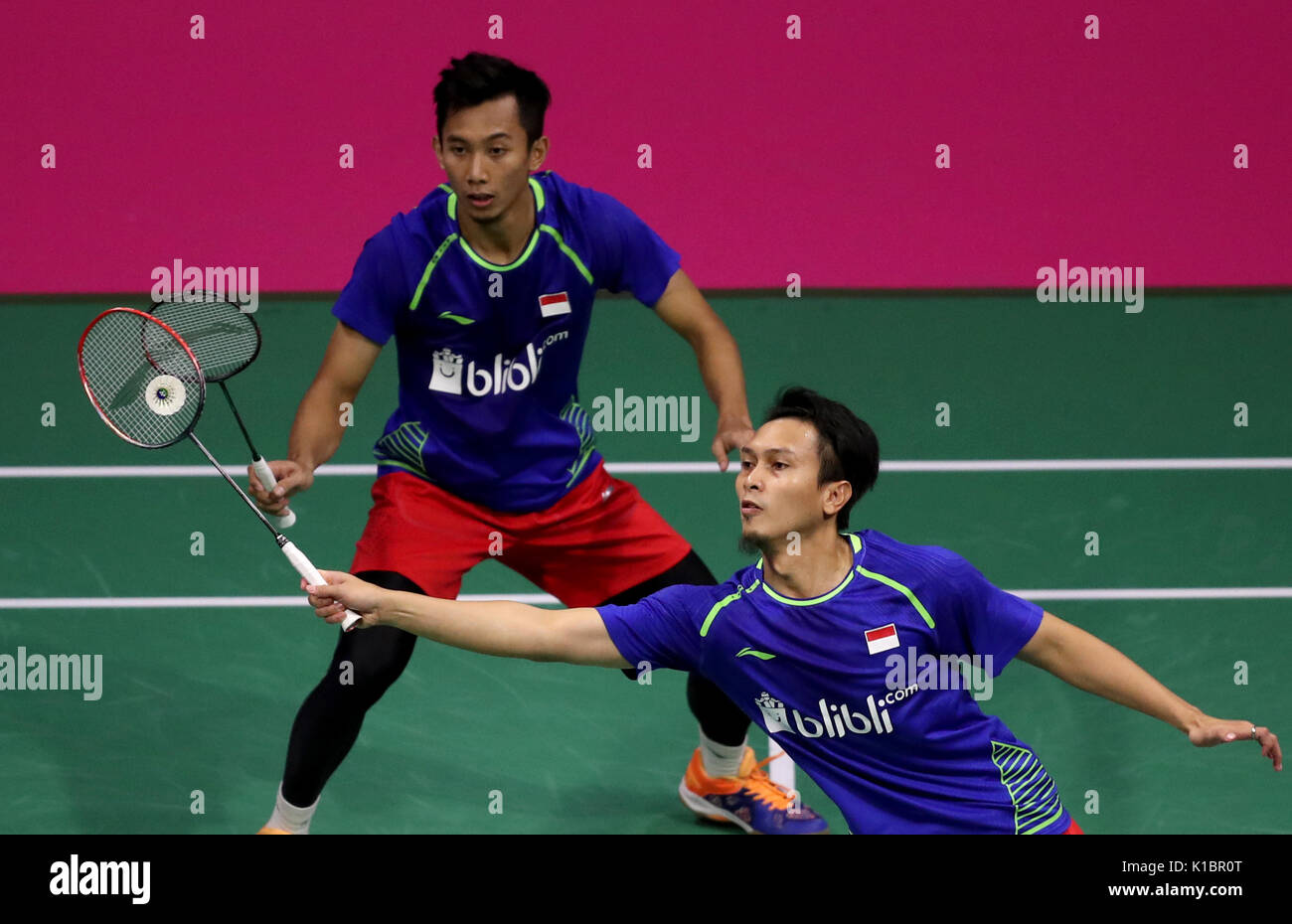 Indonesia S Mohammad Ahsan Front And Rian Agung Saputro Top In Their Semi Final Match During Day Six Of The 2017 Bwf World Championships At The Emirates Arena Glasgow Press Association Photo Picture
