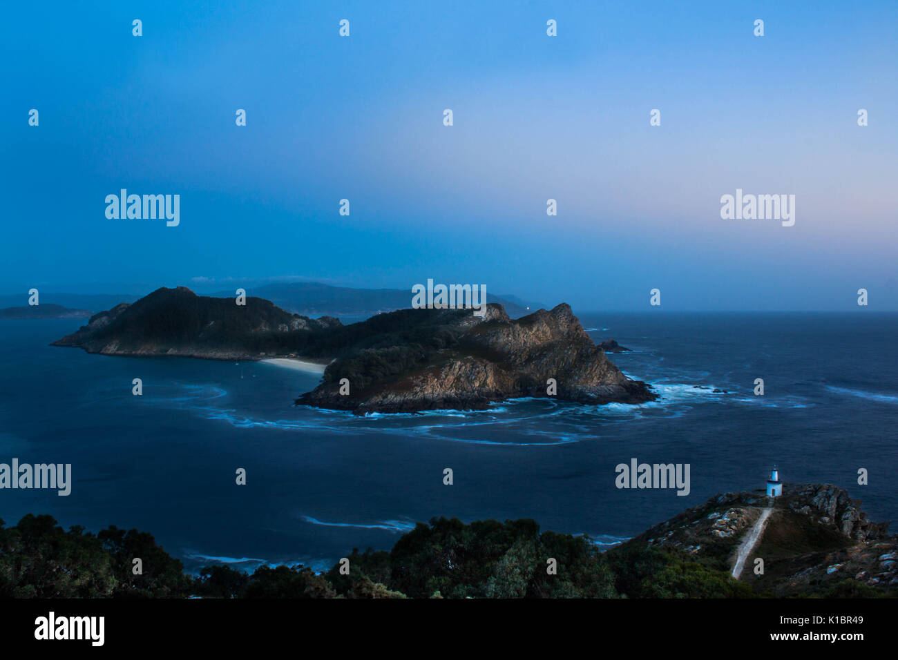 Night landscape photography from Cies islands in Galicia Spain, aerial view Stock Photo
