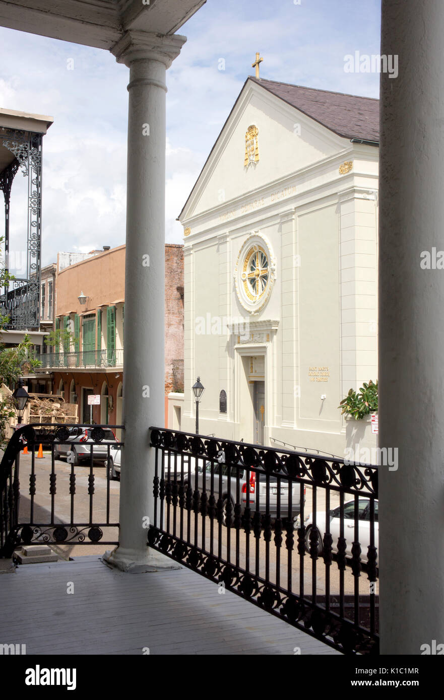 St. Mary's church on Ursulines in New Orleans' French Quarter, from the balcony of the Beauregard-Keyes house. Stock Photo