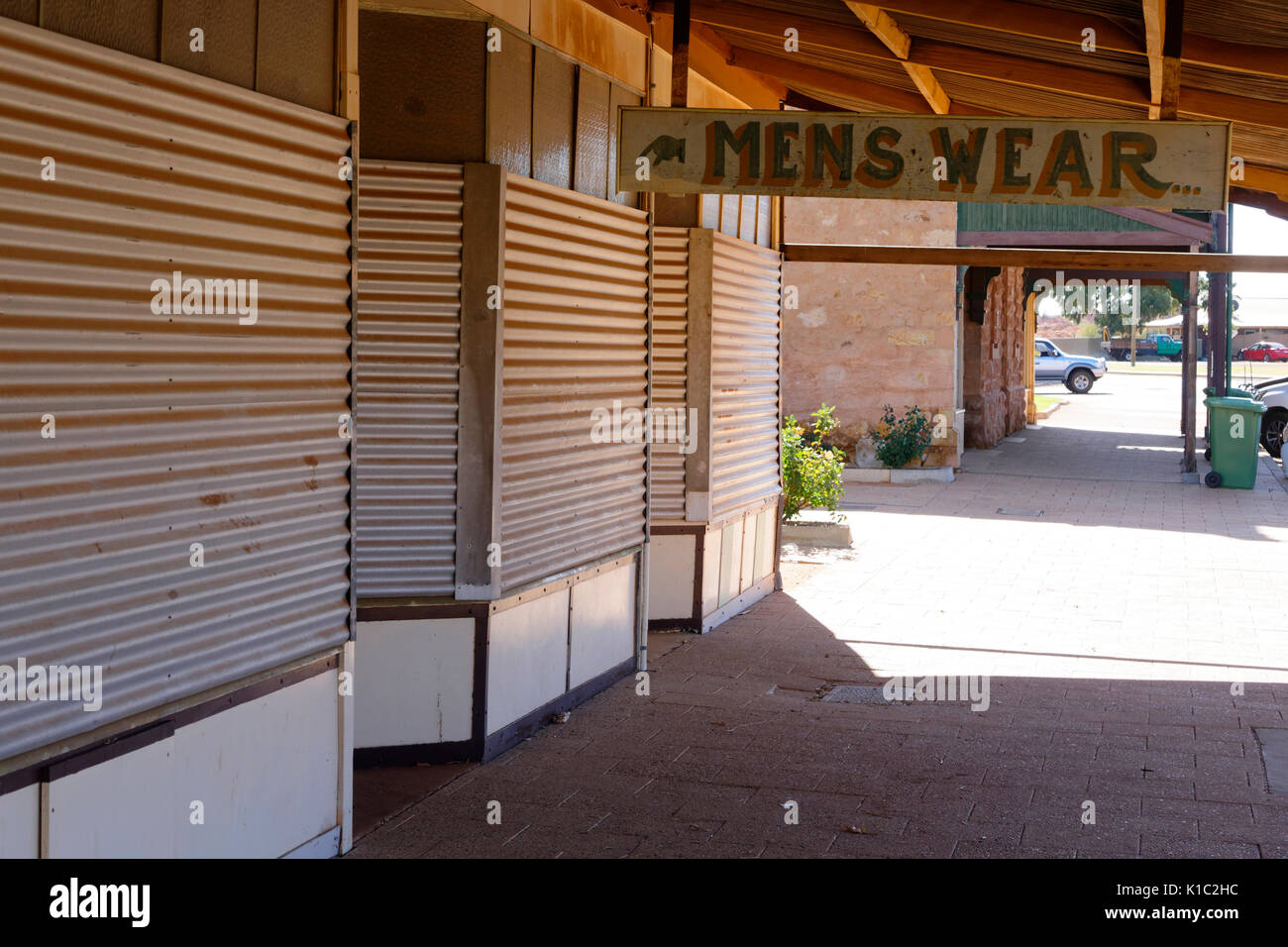 Closed shop windows covered with tin sheeting, Cue, Murchison, Western
