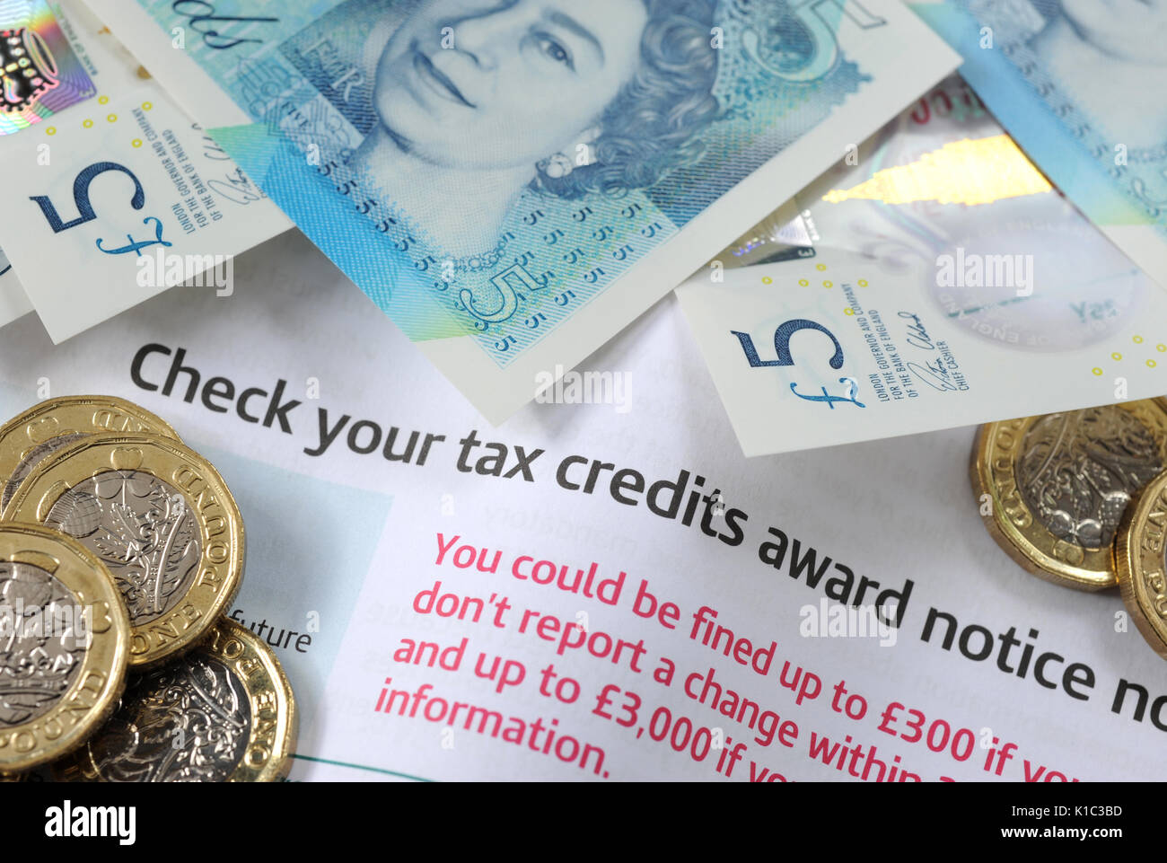 GOVERNMENT WORKING TAX CREDITS AWARD NOTICE LETTER WITH BRITISH MONEY UK Stock Photo