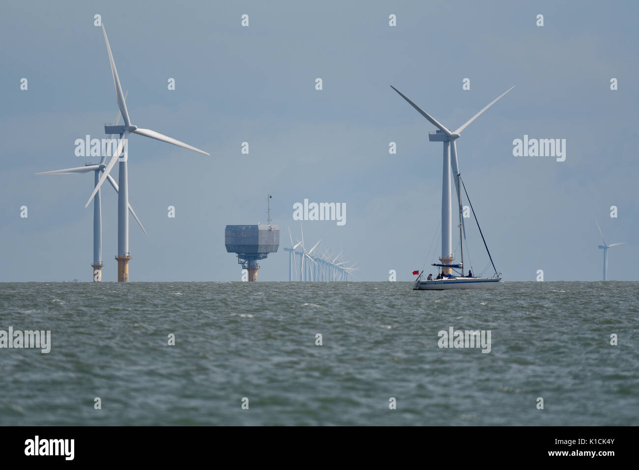 Gunfleet Sands Offshore Wind Farm near Clacton, Essex, in the Thames Estuary North Sea area. Built by DONG energy using Siemens Wind Power SWT-3.6-107 Stock Photo