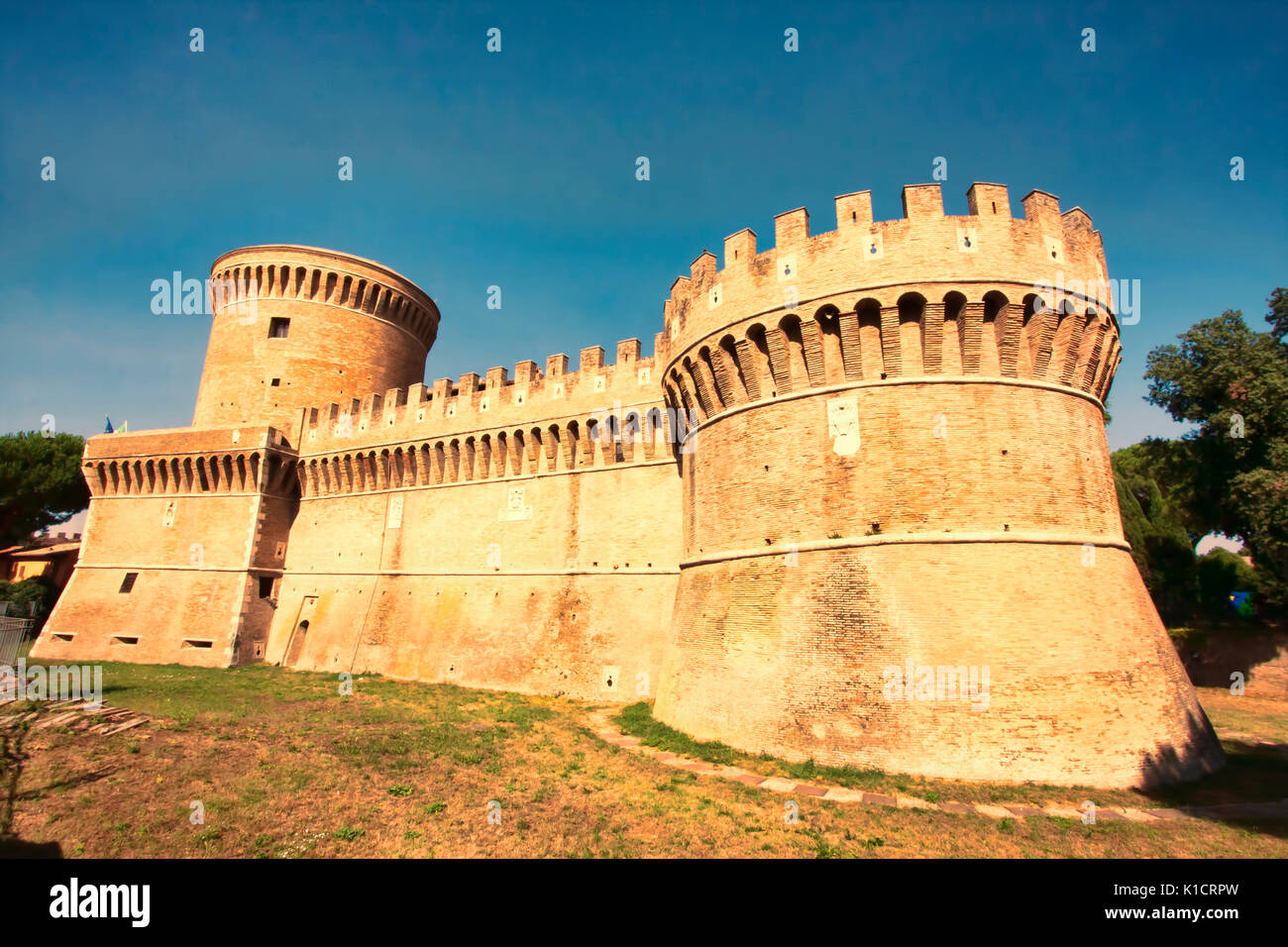 View of the roman castle of Giulio II , Ostia Antica - Rome , Italy Stock Photo