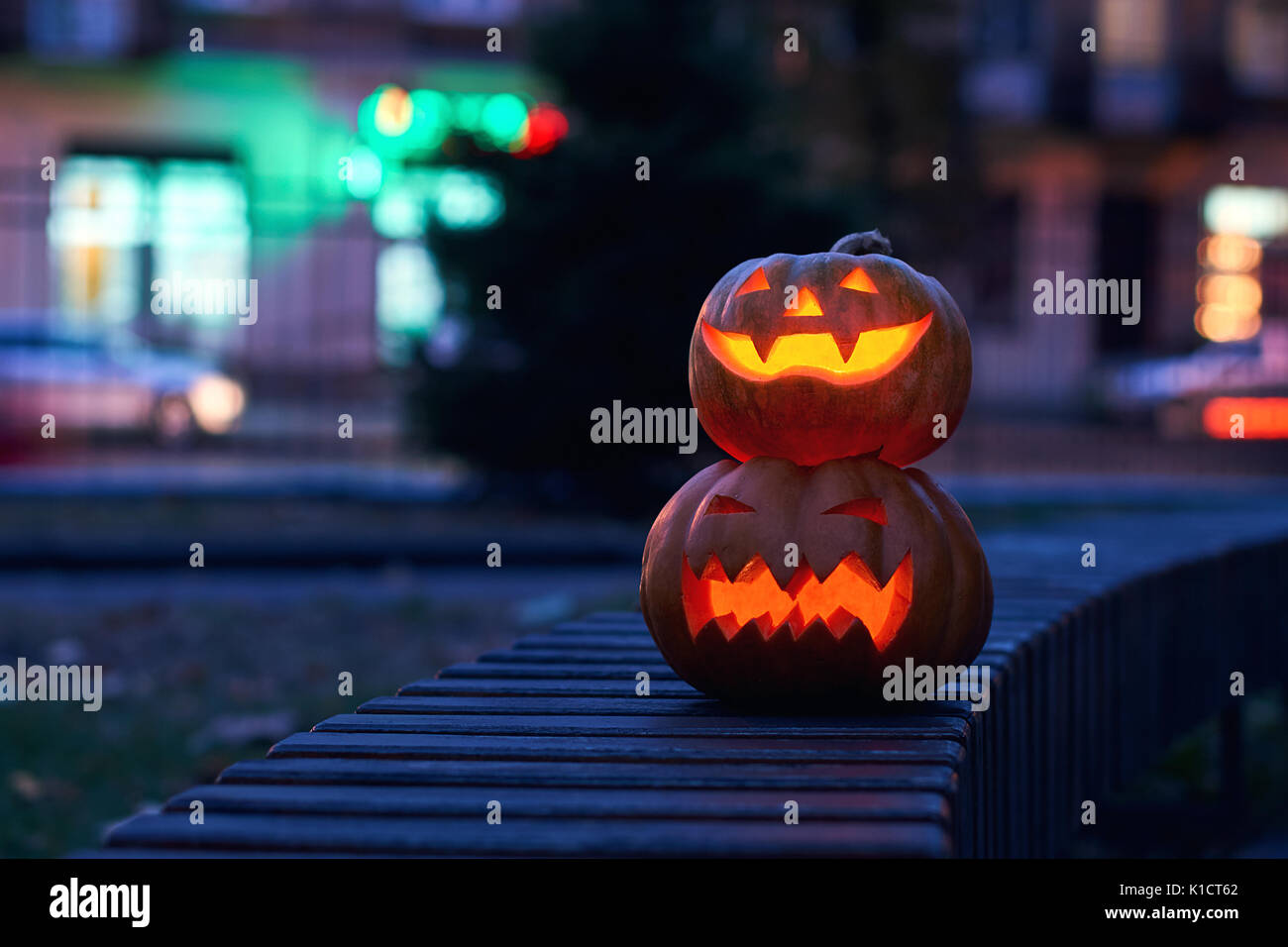 Halloween magic pumpkins at night Stock Photo