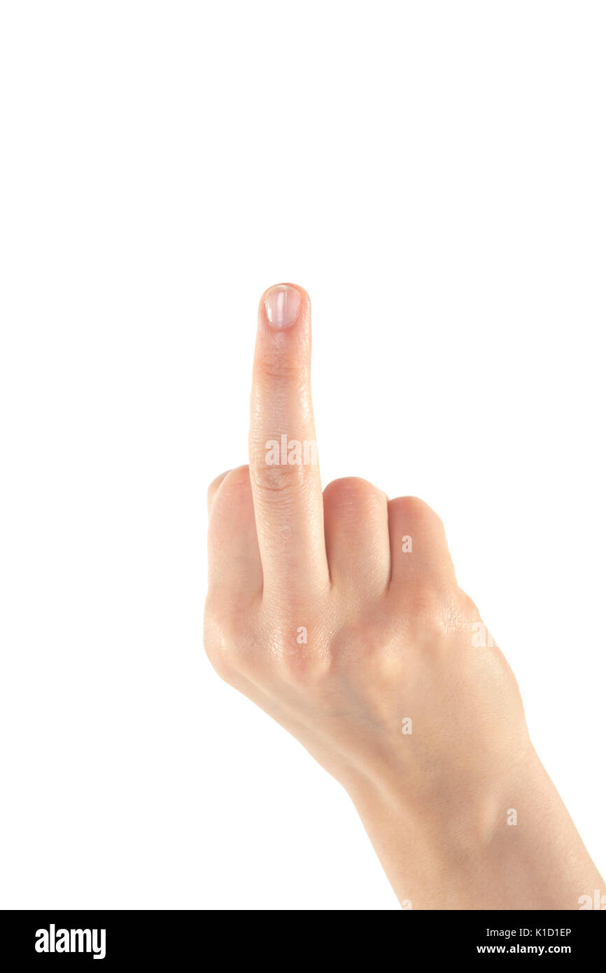 A female hand is showing a middle finger with her right hand on isolated white background. Stock Photo