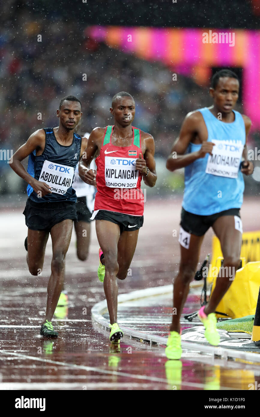 Davis KIPLANGAT (Kenya), Kadar Omar ABDULLAHI (Athlete Refugee Team) competing in the Men's 5000m Heat 1 at the 2017, IAAF World Championships, Queen Elizabeth Olympic Park, Stratford, London, UK. Stock Photo
