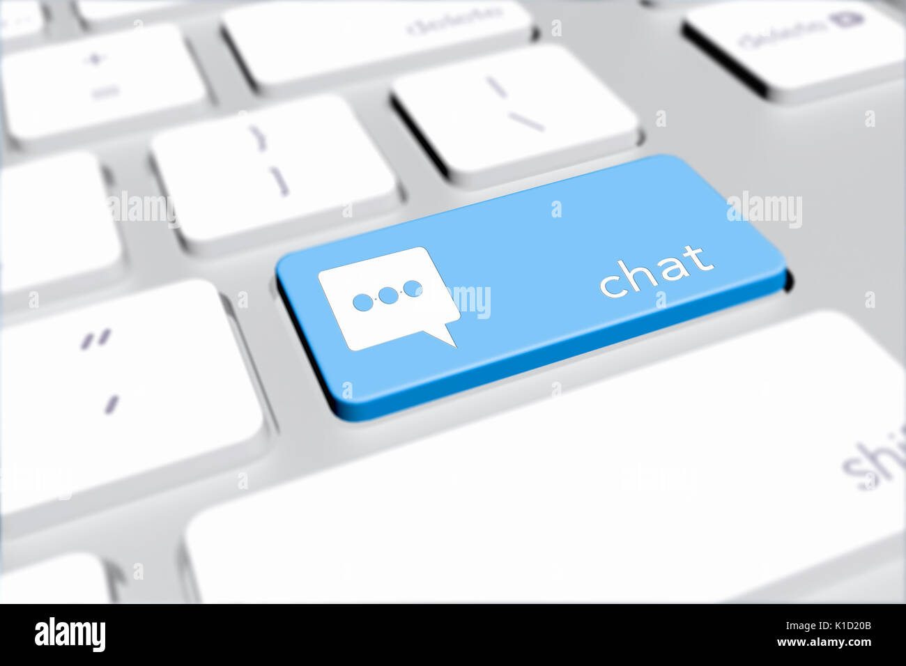Laptop or desktop computer keyboard focus on one key with blue icon and ...