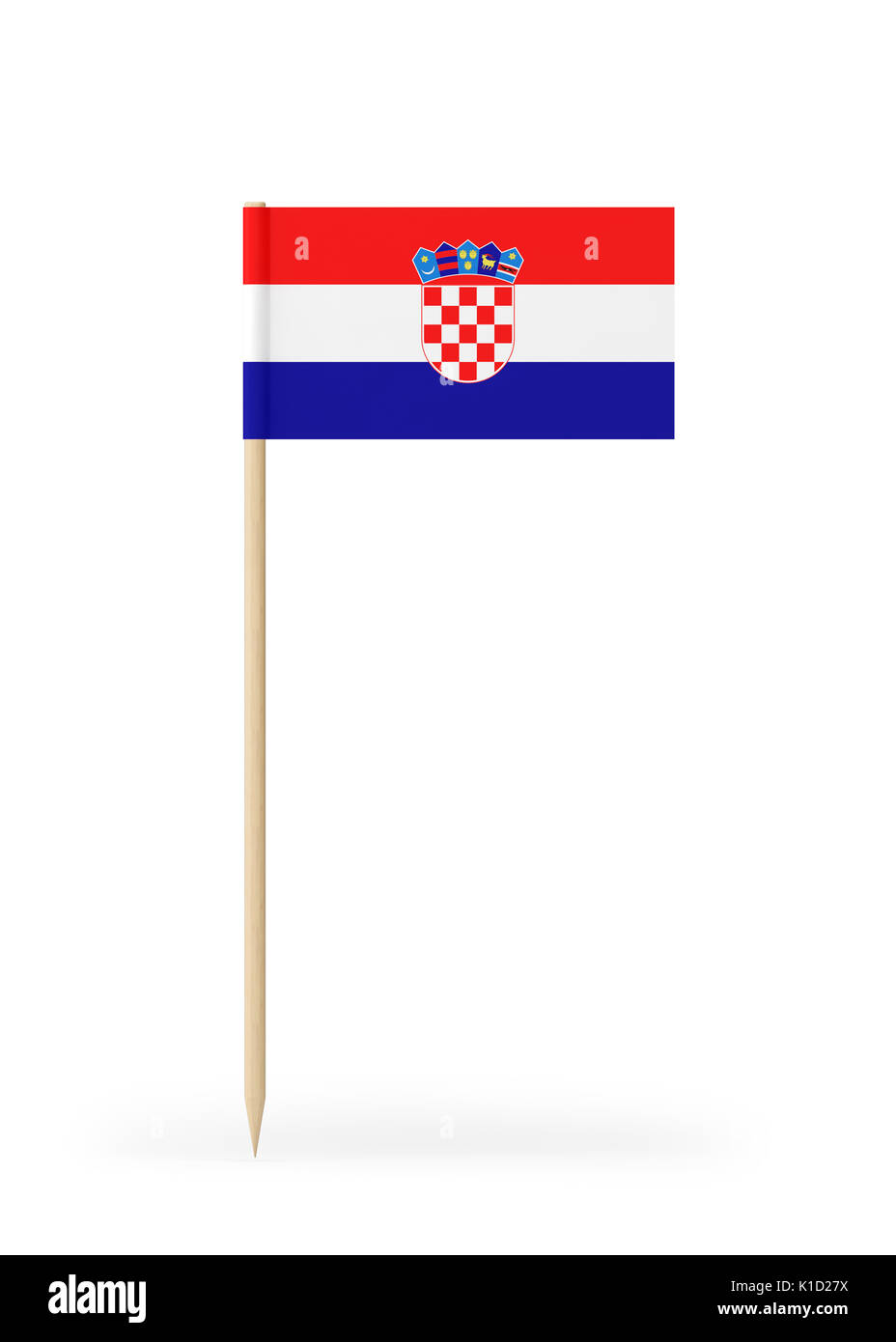 Small Croatian flag  on a toothpick. The flag has nicely detailed paper texture. High quality 3d render. Isolated on white background. 3D rendering. Stock Photo