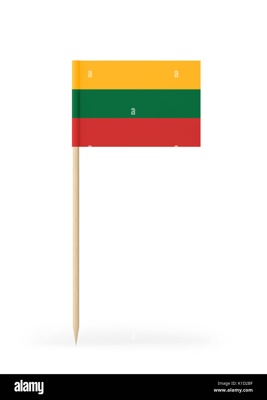 Small Lithuanian flag  on a toothpick. The flag has nicely detailed paper texture. High quality 3d render. Isolated on white background. 3D rendering. Stock Photo