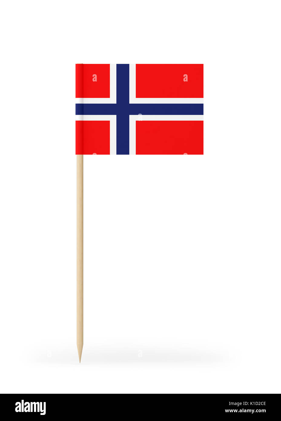 Small Norway flag  on a toothpick. The flag has nicely detailed paper texture. High quality 3d render. Isolated on white background. 3D rendering. Stock Photo