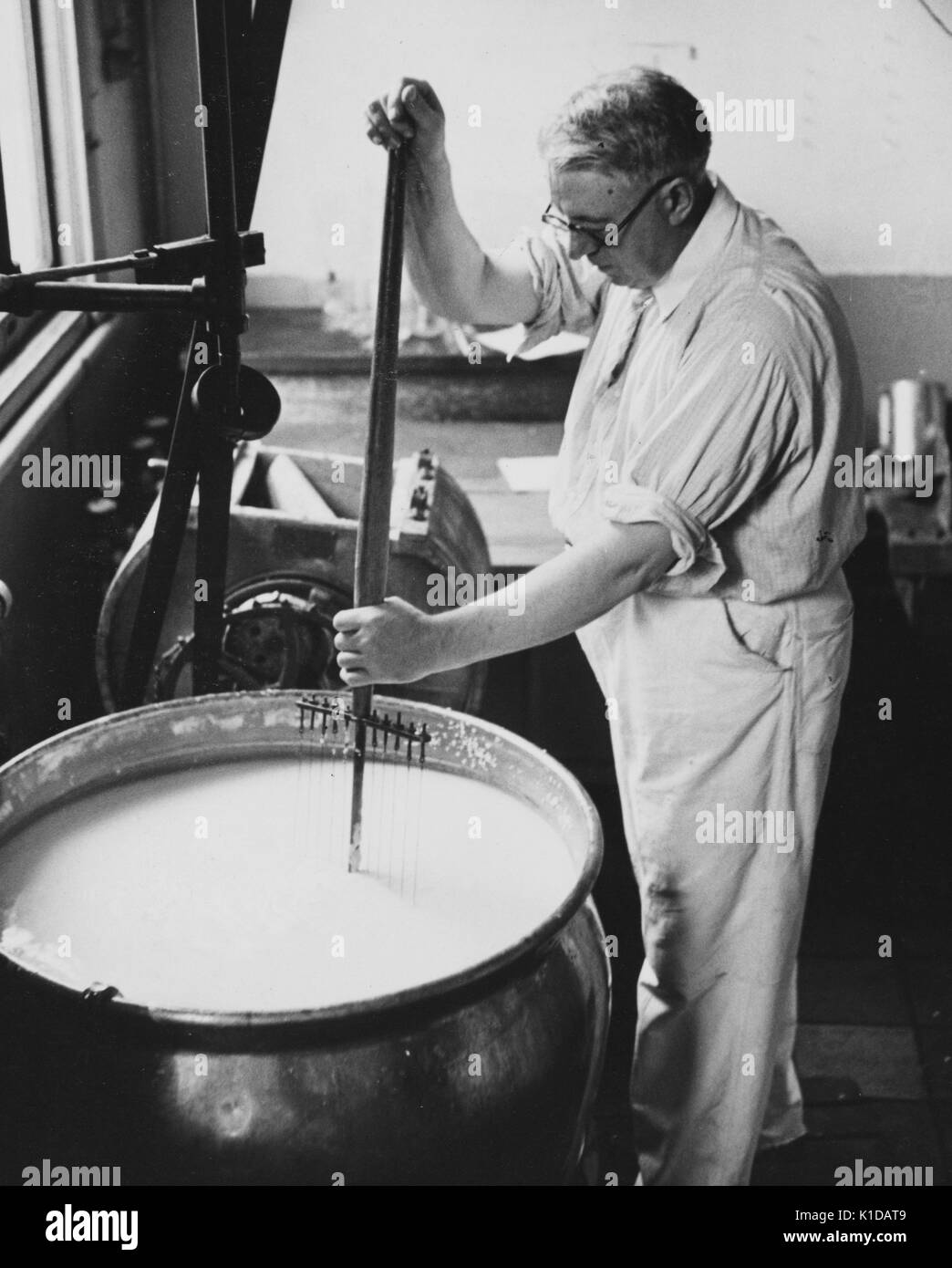 Man in white coveralls using a large ladle to stir a pot of milk in the  cheese laboratory at the United States Department of Agriculture  experimental farm in Beltsville, Maryland, 1935. From