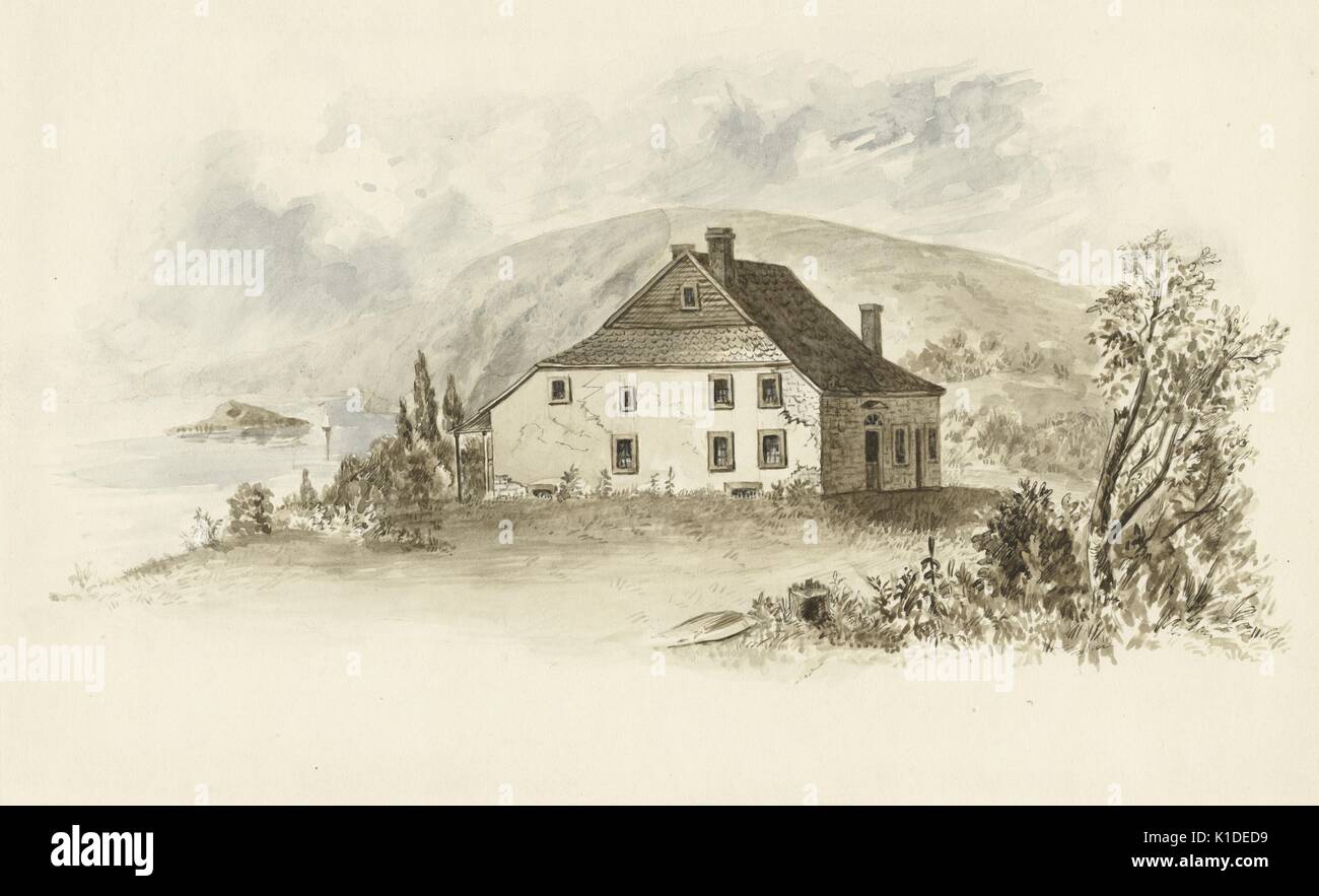 An illustration of George Washington's Headquarters, from which he commanded during the end of The Revolutionary War and signed The Proclamation of Peace in 1783, Newburgh, New York, 1783. From the New York Public Library. Stock Photo