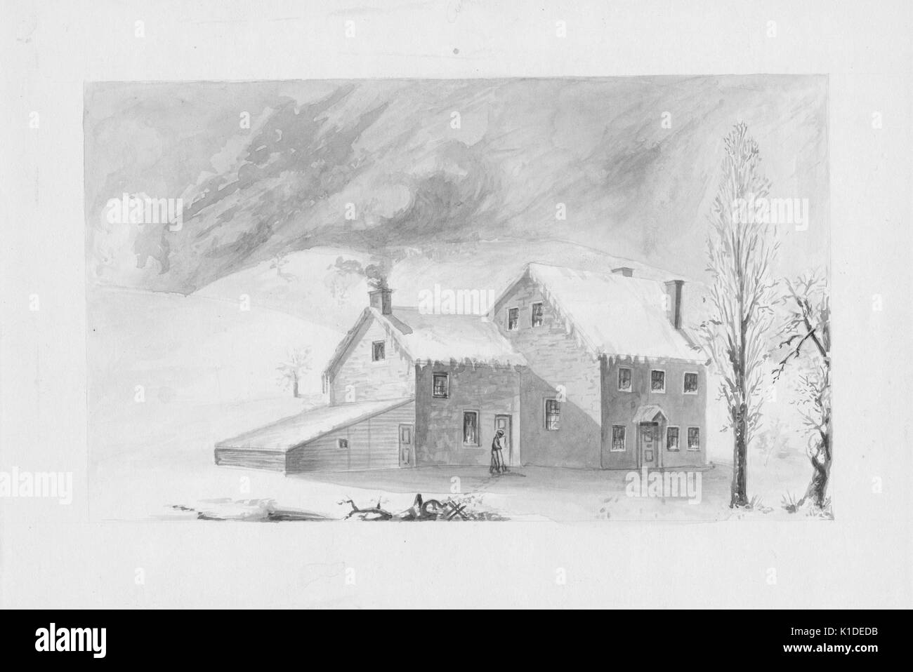 An illustration depicting George Washington's Headquarters, in the Isaac Potts House, during the winter 1777-1778, Valley Forge, Pennsylvania, 1777. From the New York Public Library. Stock Photo