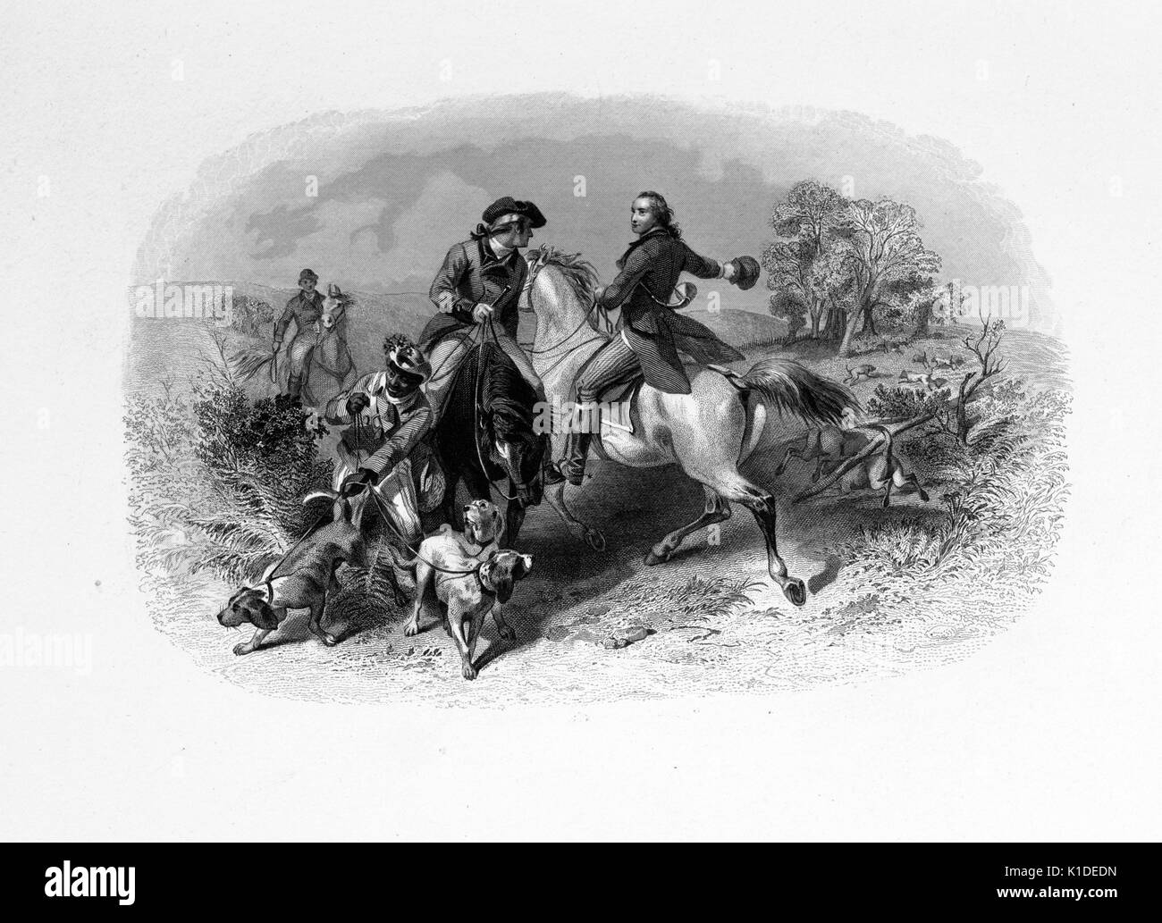 An engraving depicting Washington and Lord Fairfax on a fox hunt