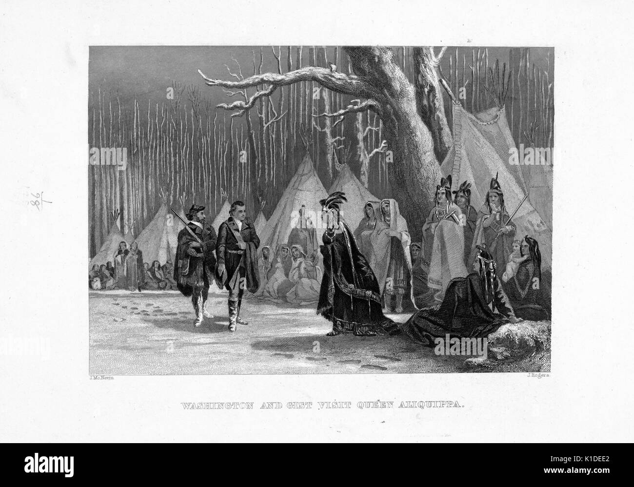An engraving of George Washington and Christopher Gist meeting Queen Aliquippa, leader of the Seneca Tribe, in a Native American camp, situated in a forest clearing, Ohio, 1900. From the New York Public Library. Stock Photo
