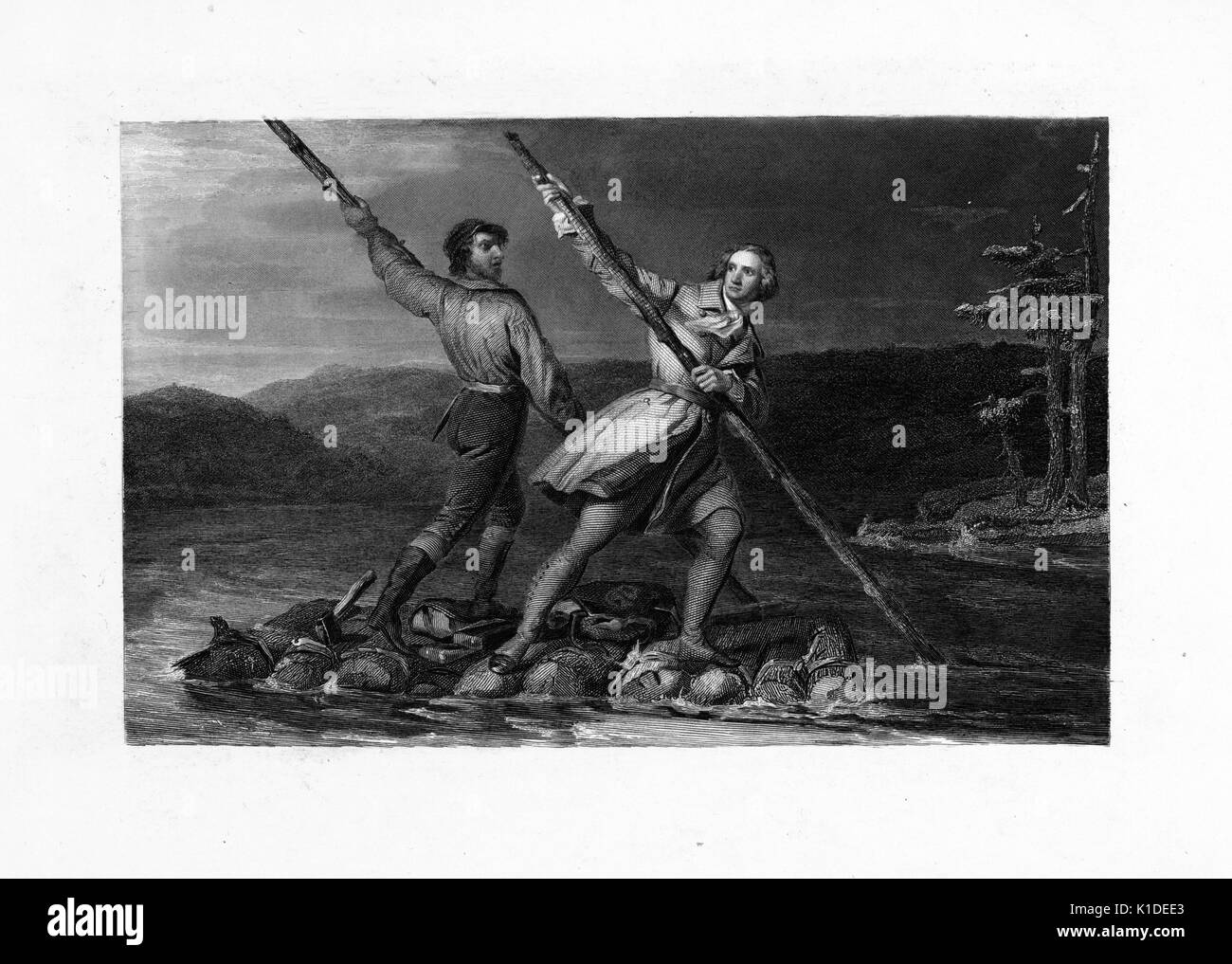 An engraving of George Washington, then a Colonel, crossing the Allegheny river with Christopher Gist on a roughly constructed raft, source material for the engraving was Daniel Huntington's 'George Washington and Christopher Gist Crossing the Allegheny River', 1900. From the New York Public Library. Stock Photo