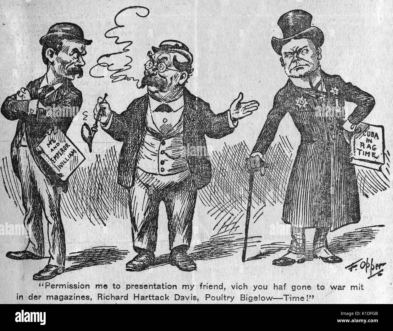 A political cartoon by Fredrick Burr Opper, one year after the Spanish-American War, 1899. From the New York Public Library. Stock Photo
