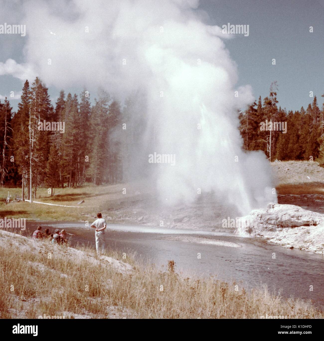 A group of people are gathered watching an eruption of Riverside Geyser, one of the most reliable geysers in Yellowstone National Park, Wyoming, 1975. Stock Photo