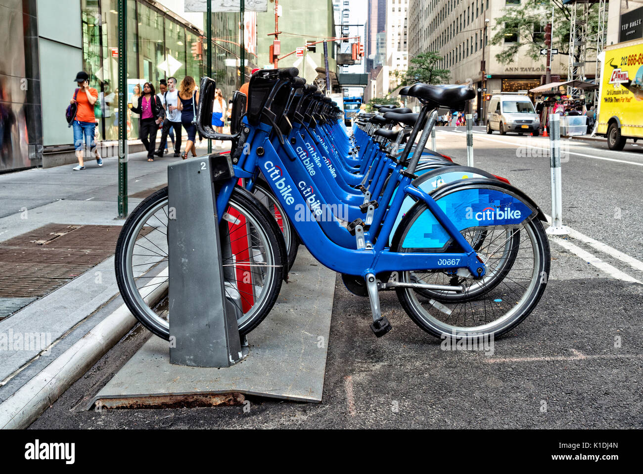 New York City, Manhattan.  Citibike Station in Midtown Manhattan, Bikes Parked and Waiting for Riders Stock Photo