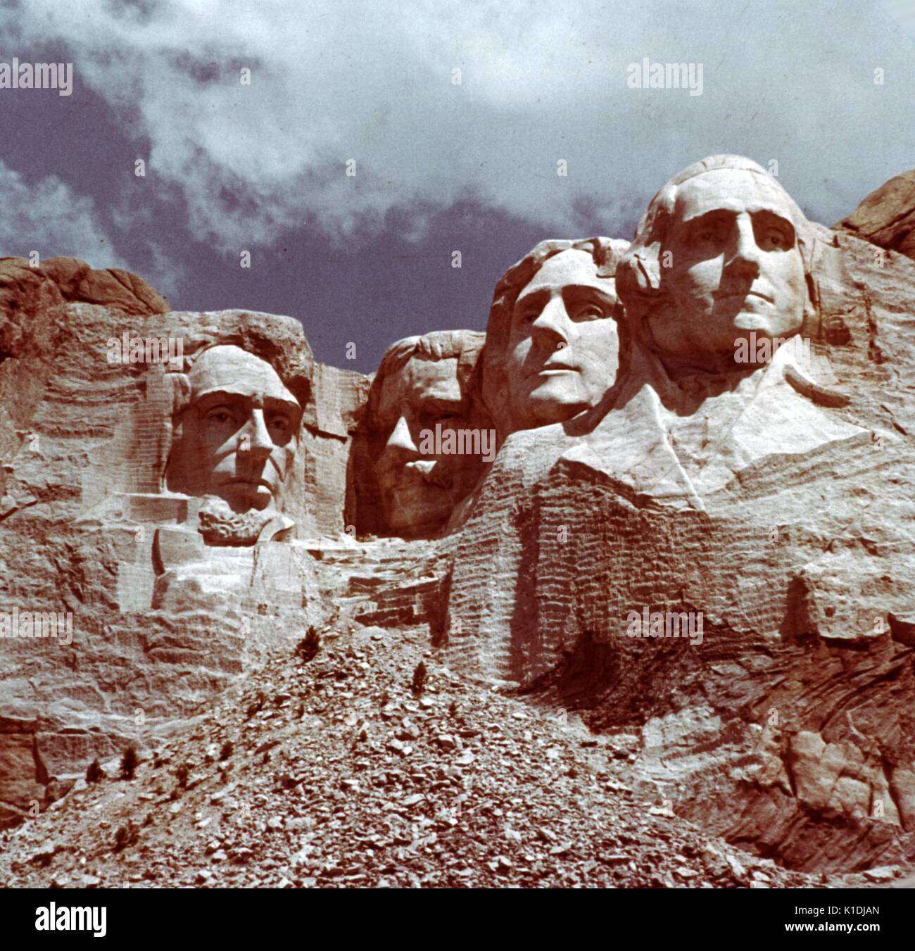 A shot from near the base of Mount Rushmore, taken at a low angle, in the Black Hills in Keystone, South Dakota, 1975. Stock Photo