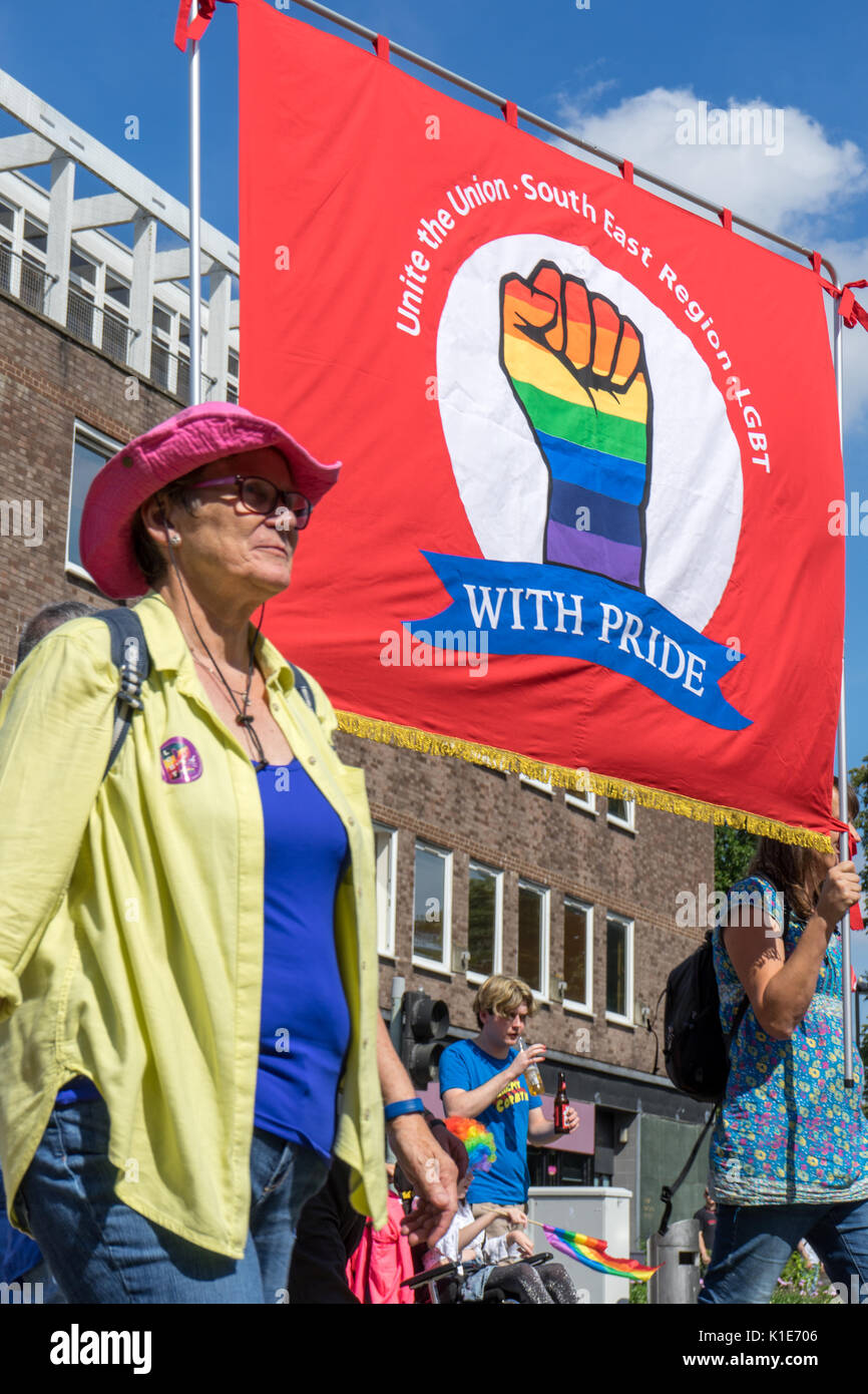 Southampton, UK. 26th of August 2017. People taking to the streets of Southampton to participate in a very colourful parade at the Annual Southampton Pride Festival 2017. This is the second year of the festival taking place. Stock Photo